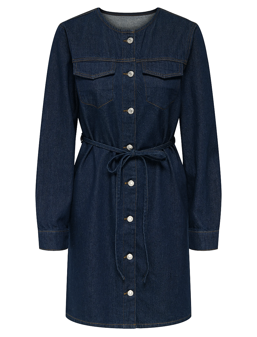 ONLY - ONLMINNIE NO COLLAR BELT DENM DRESS - robes chemises - dark blue denim - 1