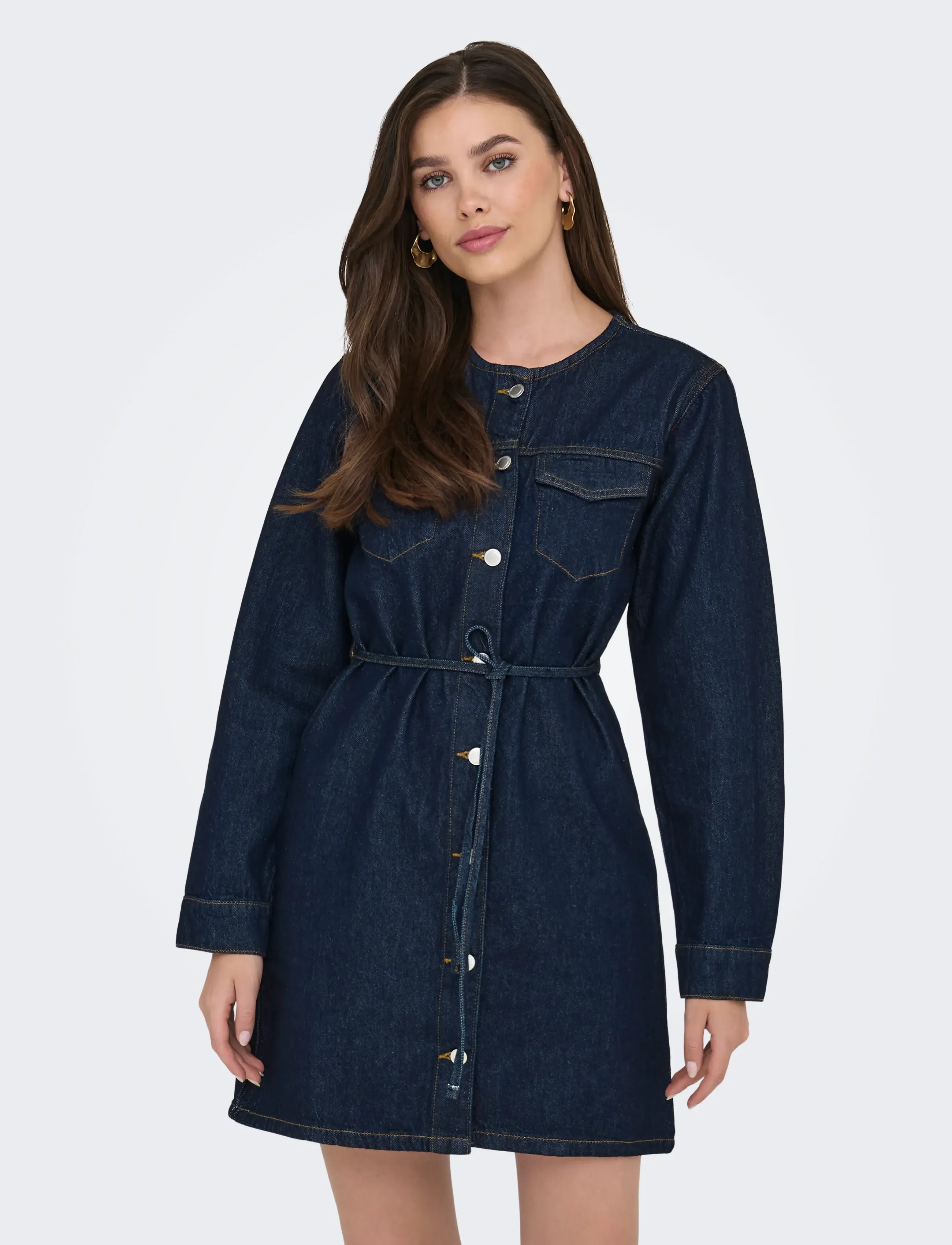ONLY Onlminnie No Collar Belt Denm Dress, S, Navy, Kjoler > Kort Kjole, Dame