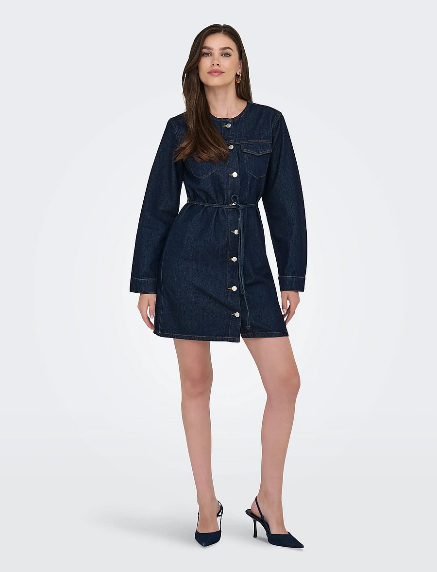ONLY - ONLMINNIE NO COLLAR BELT DENM DRESS - robes chemises - dark blue denim - 4