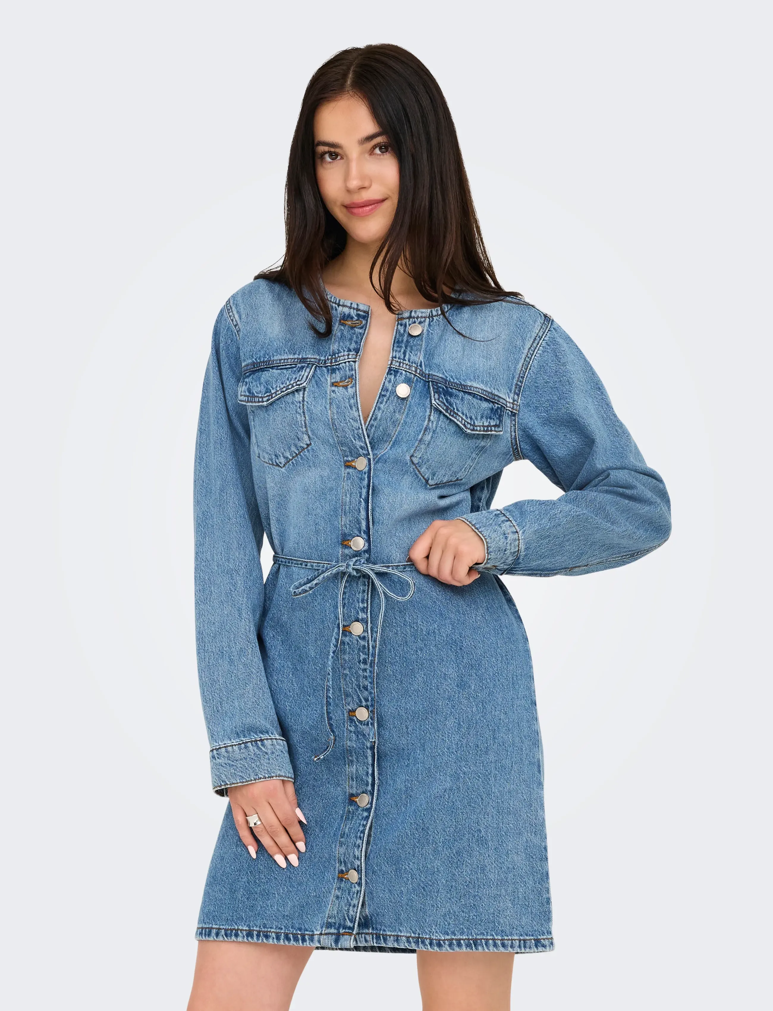 ONLY ONLMINNIE NO COLLAR BELT DENM DRESS - Riided - LIGHT BLUE DENIM / blue