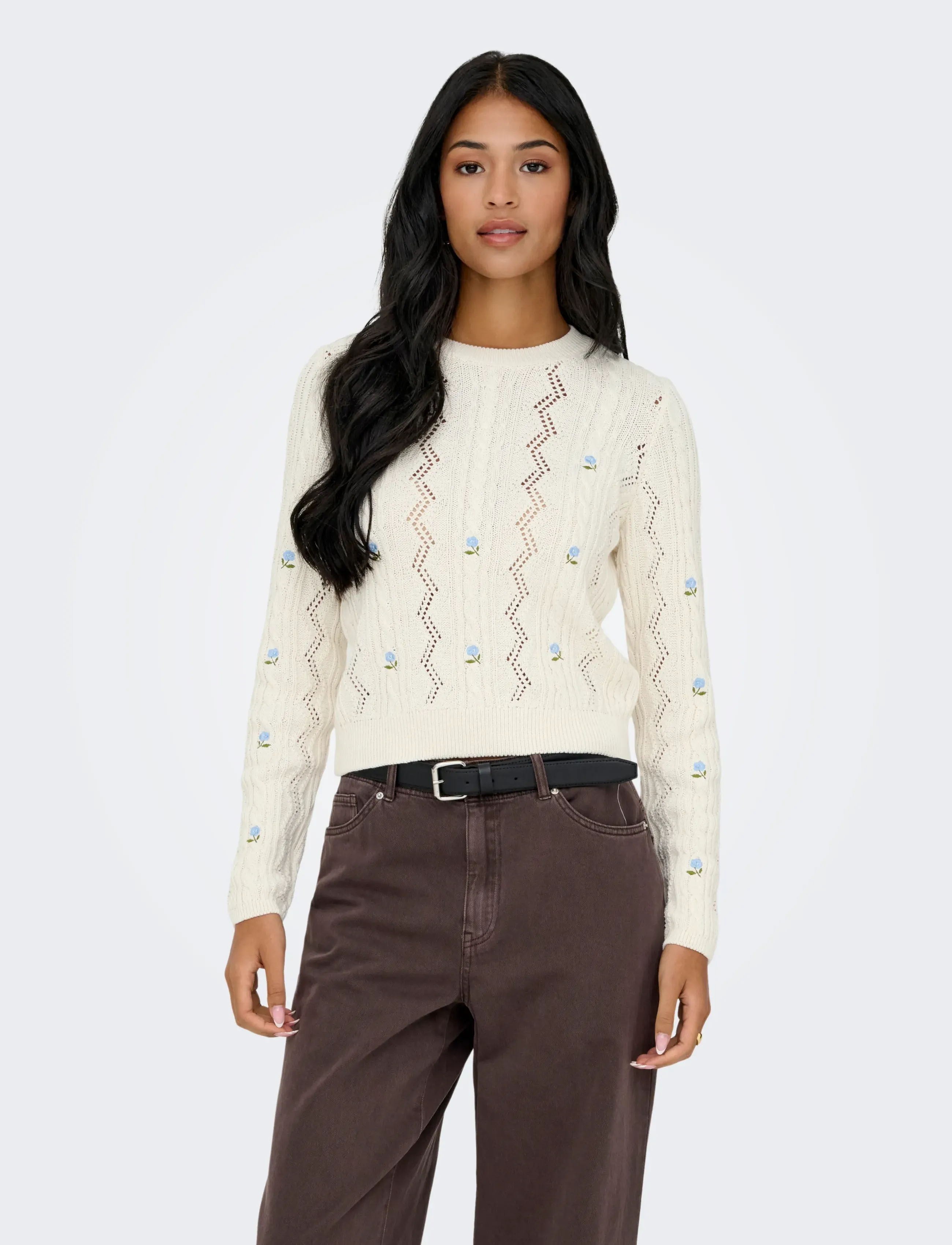 ONLY Onlrita Life Ls Embr Cable Knt Noos, L, Cream, Strik > Trøjer, Dame