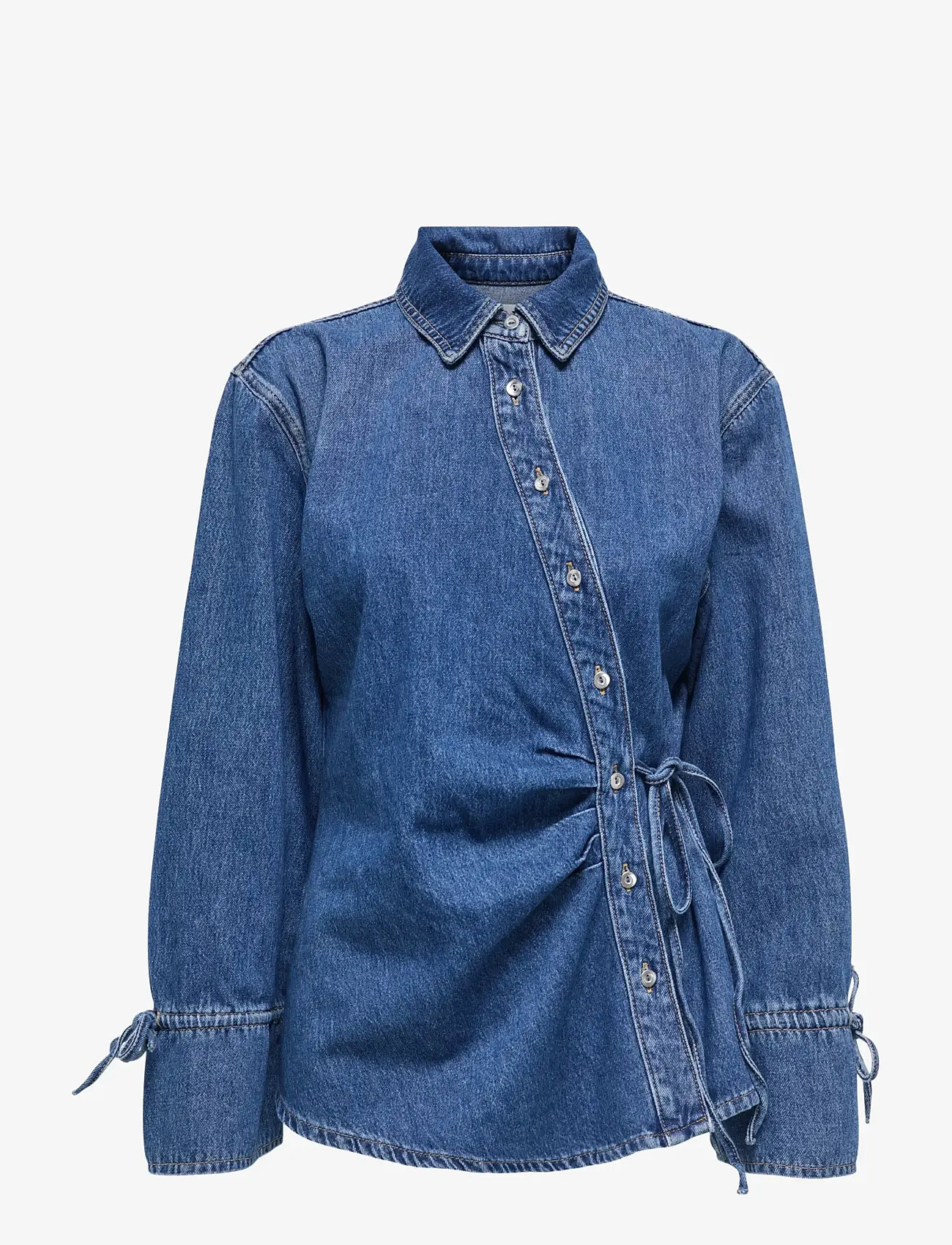 ONLY - ONLSMILLA LS ASYM TIE SHIRT DNM CS SIK - denimskjorter - medium blue denim - 1