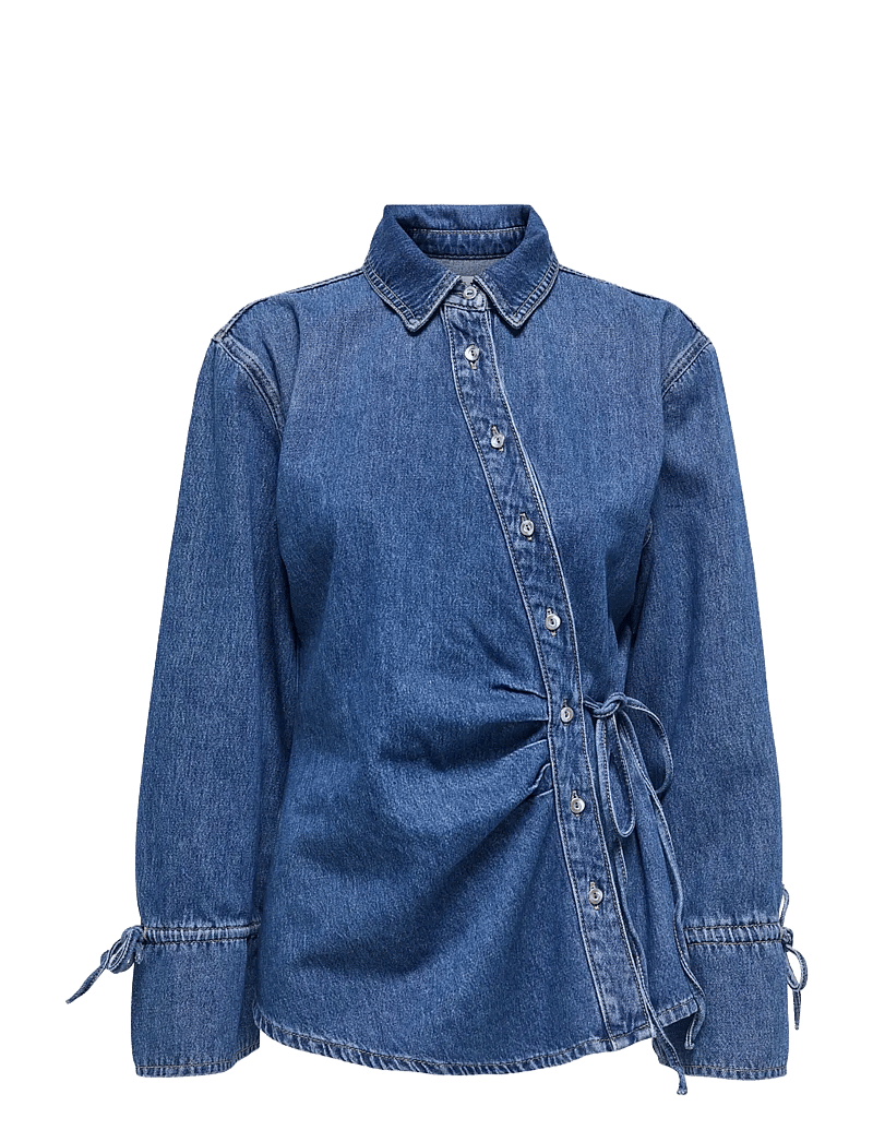ONLY - ONLSMILLA LS ASYM TIE SHIRT DNM CS SIK - denimskjorter - medium blue denim - 1