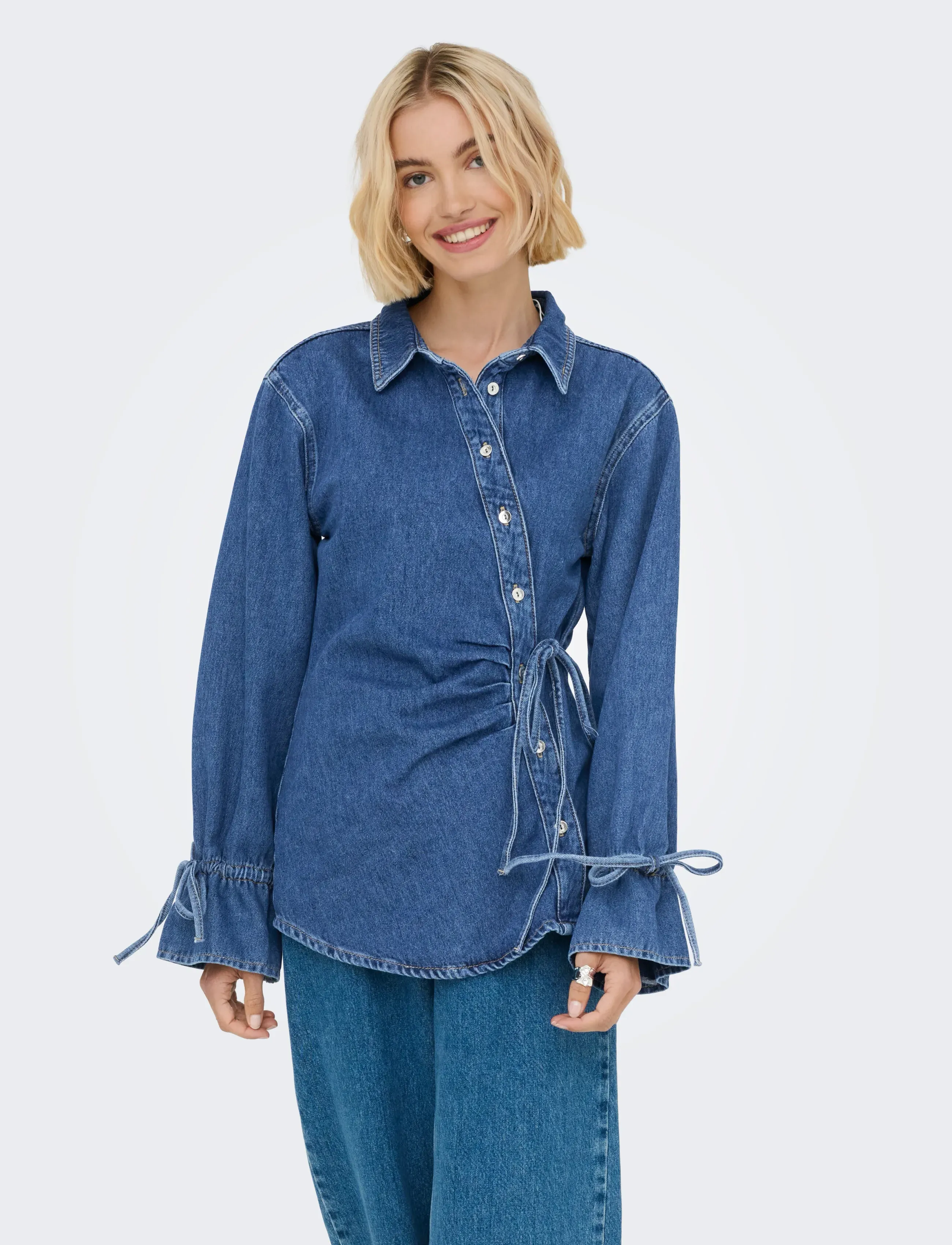 ONLY Onlsmilla Ls Asym Tie Shirt Dnm Cs Sik, XS, Blue, Skjorter > Langærmede, Dame