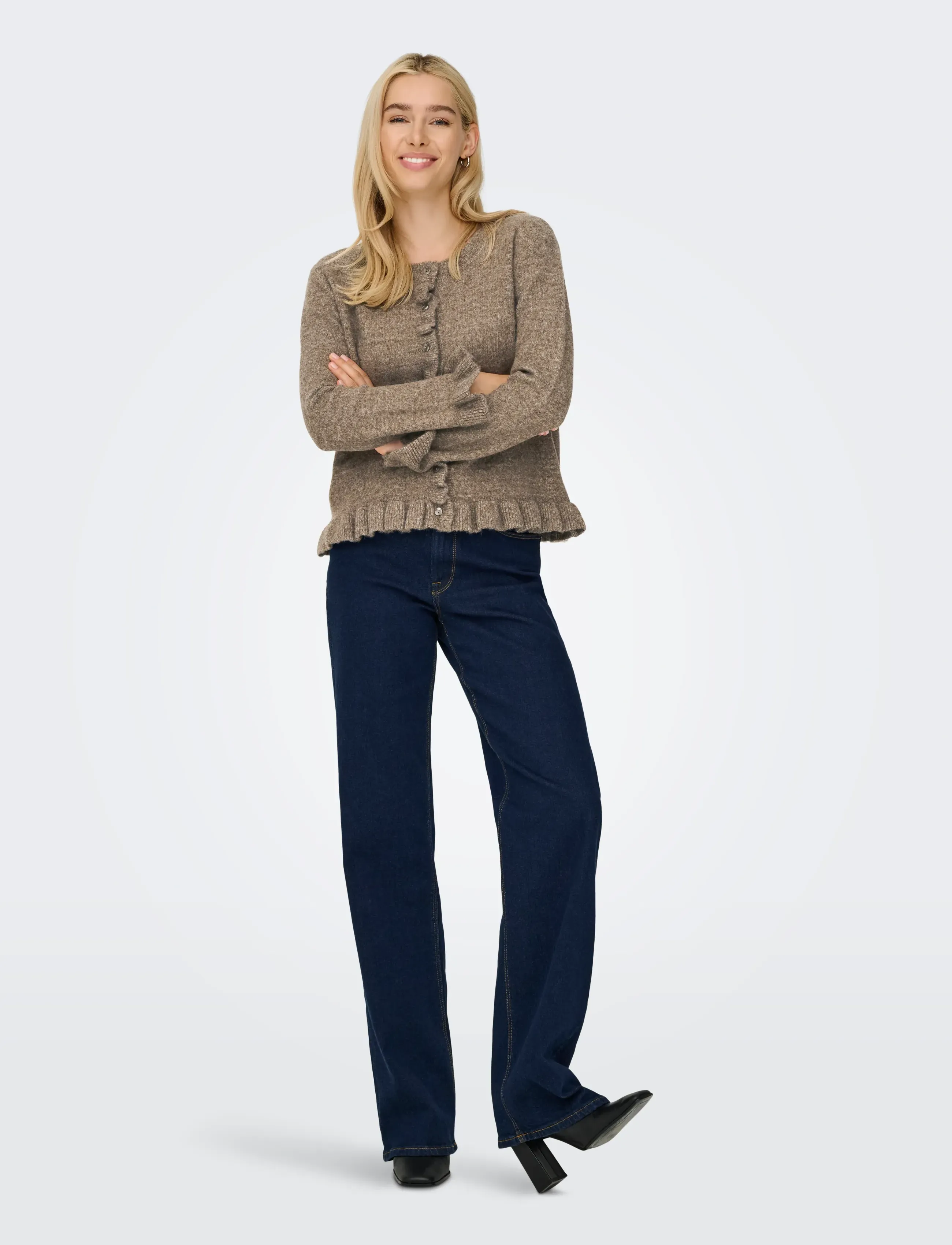 ONLY Onlrima Life Ls Fril Butto Cardi Cs Knt, XS, Brown, Strik > Cardigans, Dame