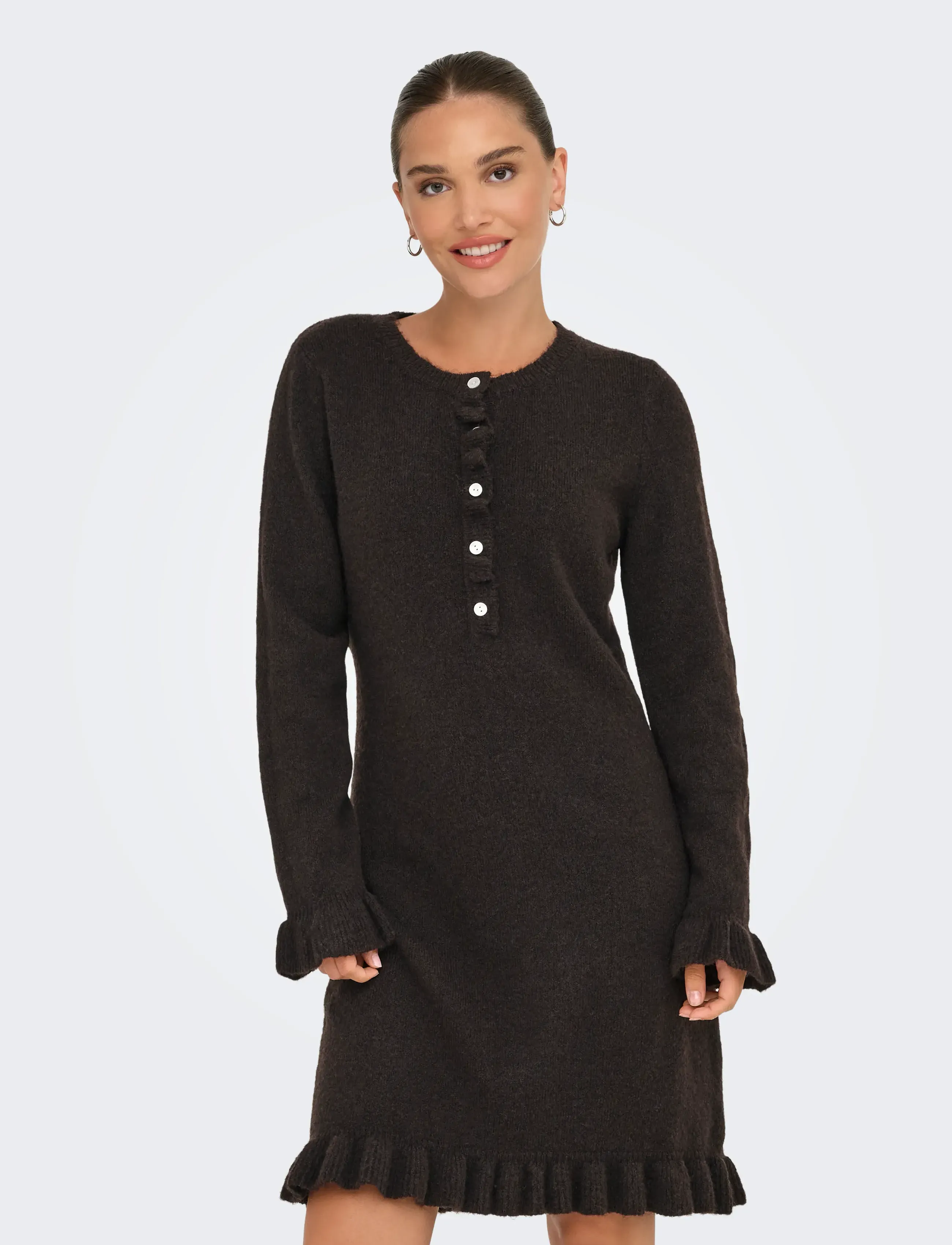 ONLY ONLMERA LIFE LS FRILL DRESS EX KNT - Kleider - CHOCOLATE TORTE / brown