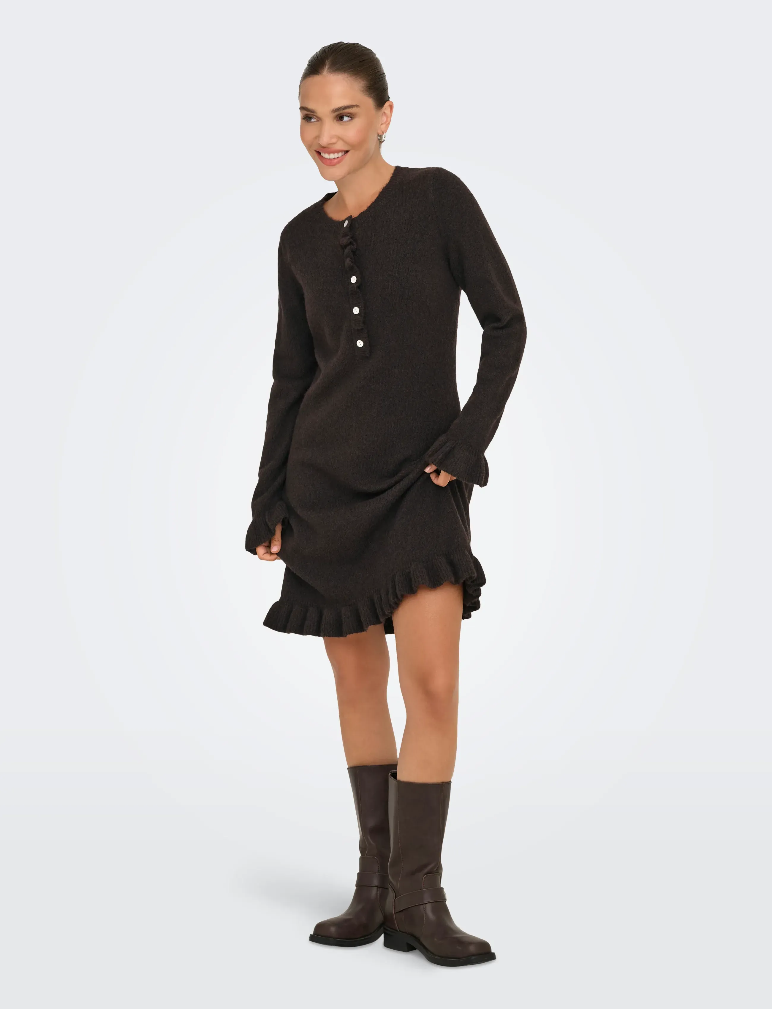 ONLY - ONLMERA LIFE LS FRILL DRESS EX KNT - korte kjoler - chocolate torte - 4
