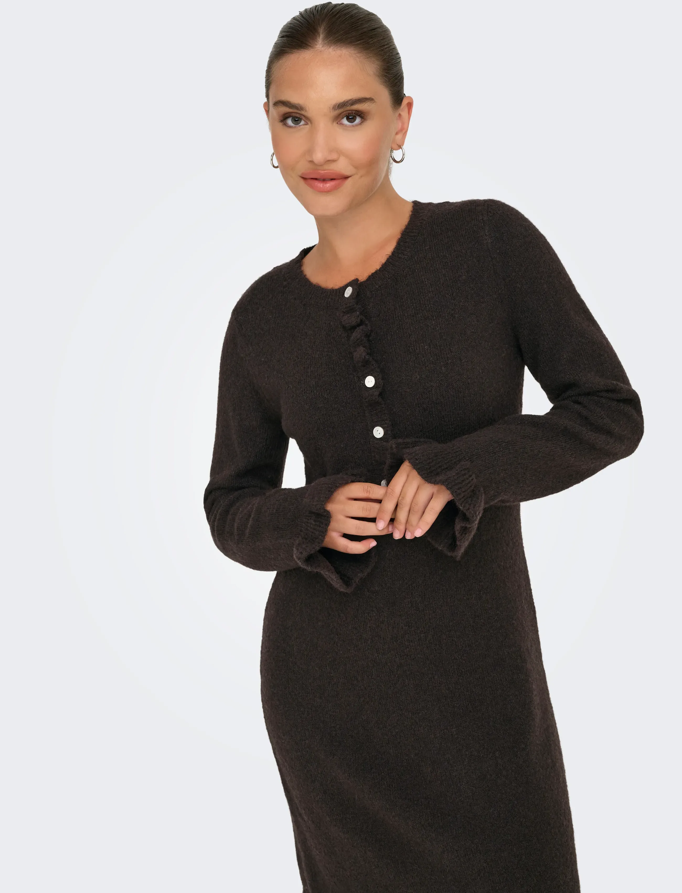 ONLY - ONLMERA LIFE LS FRILL DRESS EX KNT - korte kjoler - chocolate torte - 5