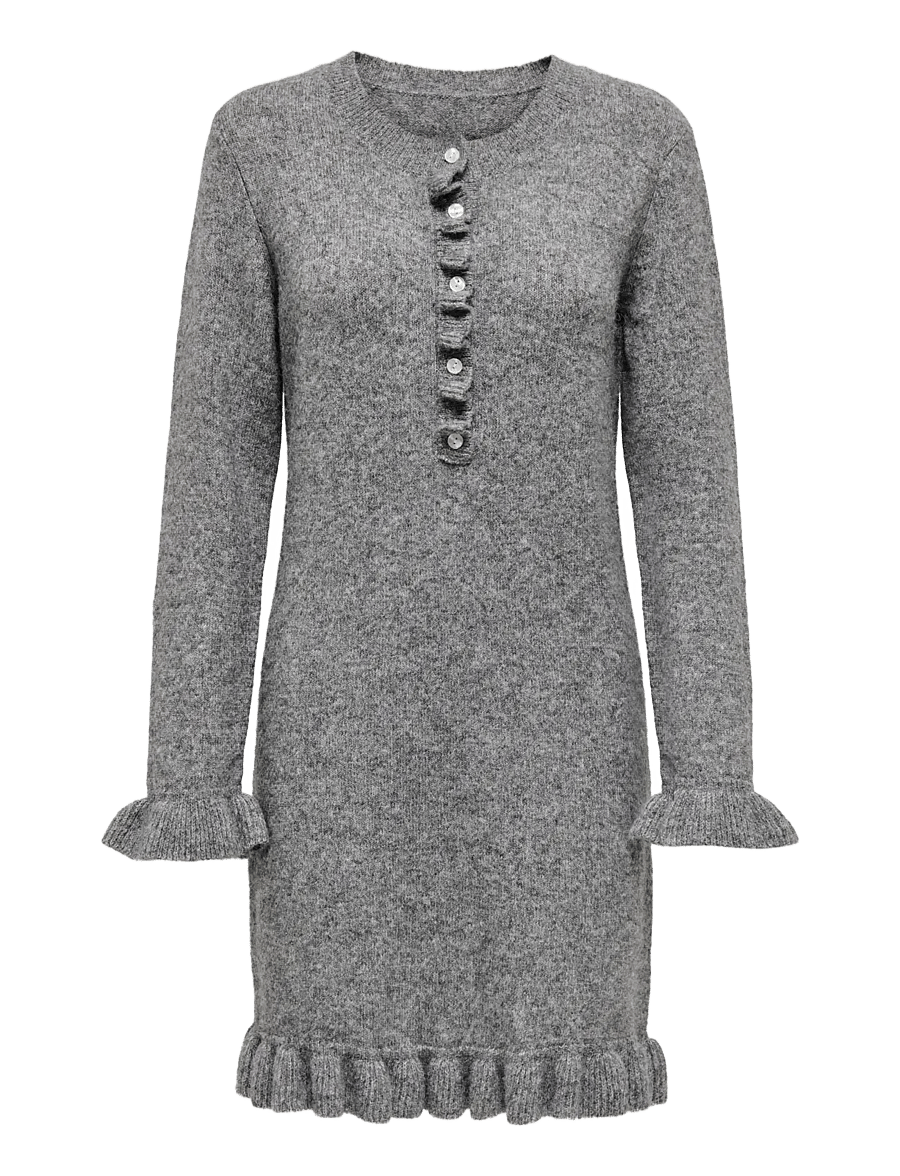 ONLY - ONLMERA LIFE LS FRILL DRESS EX KNT - korta klänningar - medium grey melange - 1