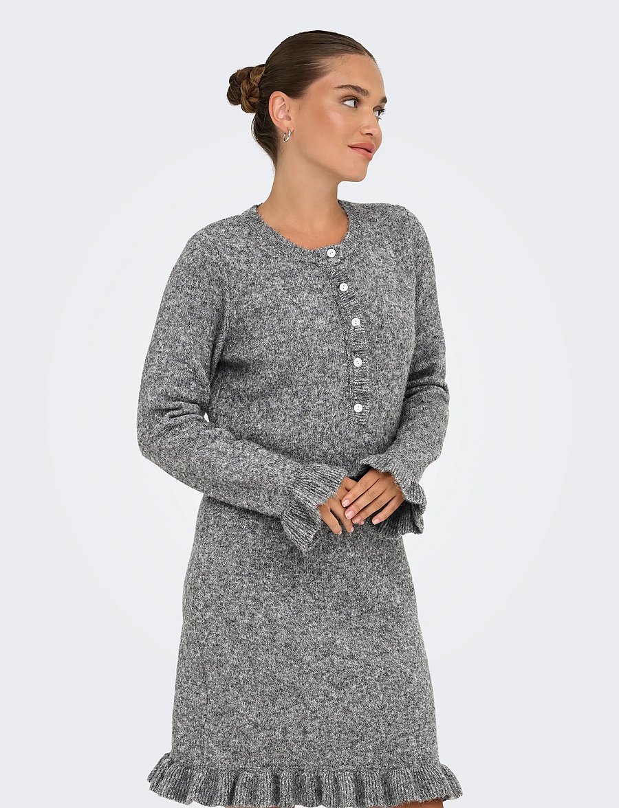 ONLY - ONLMERA LIFE LS FRILL DRESS EX KNT - korta klänningar - medium grey melange - 0