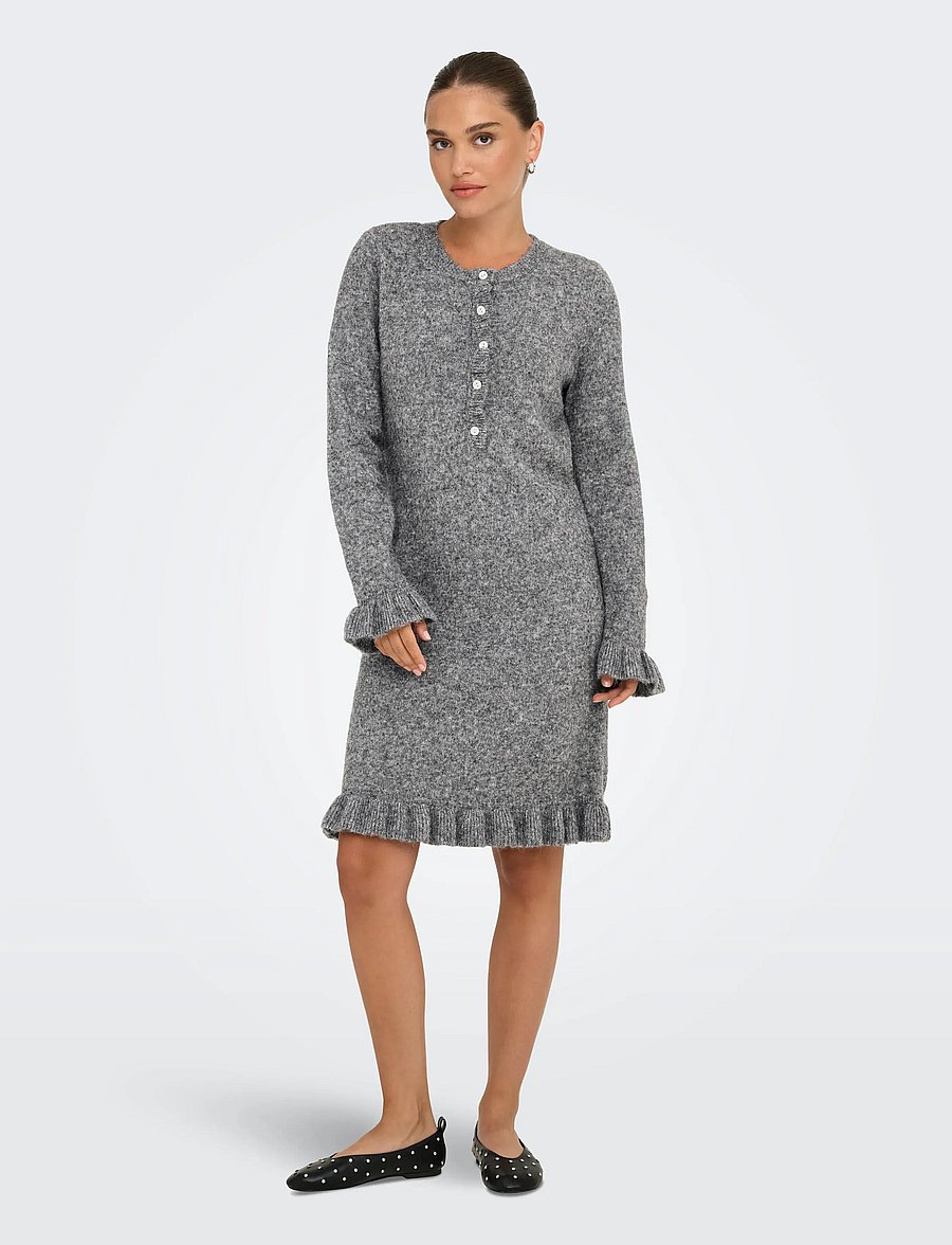 ONLY - ONLMERA LIFE LS FRILL DRESS EX KNT - korta klänningar - medium grey melange - 4