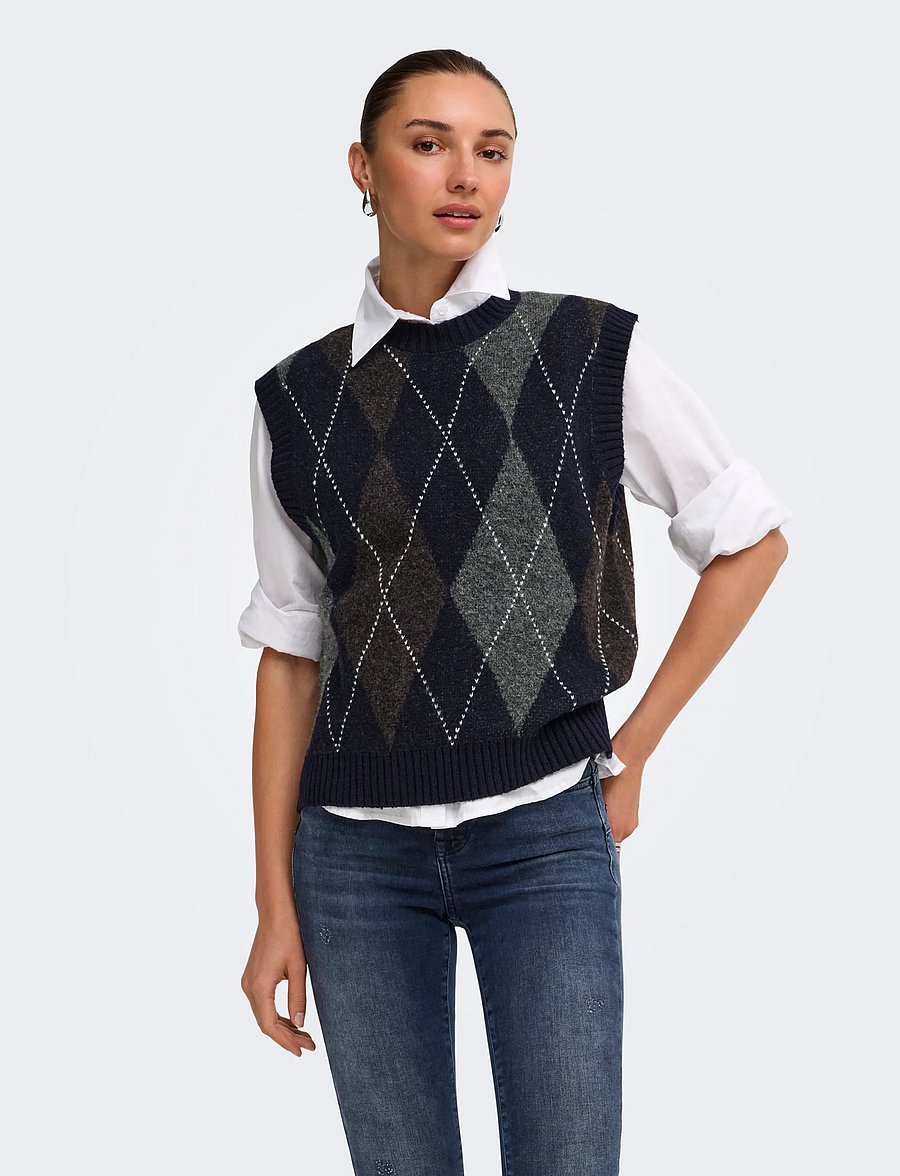ONLY - ONLRHOMBUS ARGYLE VEST KNT NOOS - strikveste - night sky - 0