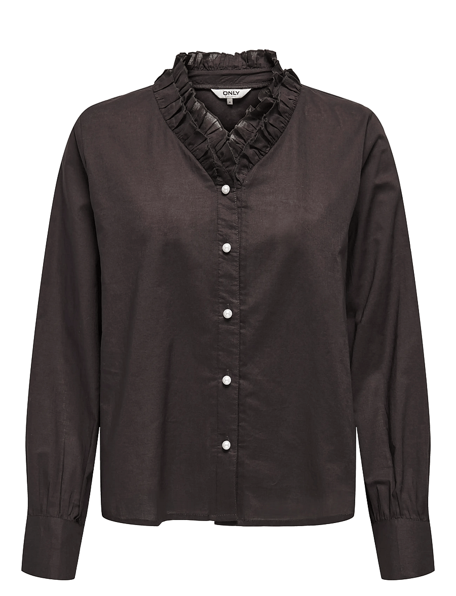 ONLY - ONLHASSIE L/S FRILL SHIRT OX WVN - langärmlige hemden - chocolate torte - 0