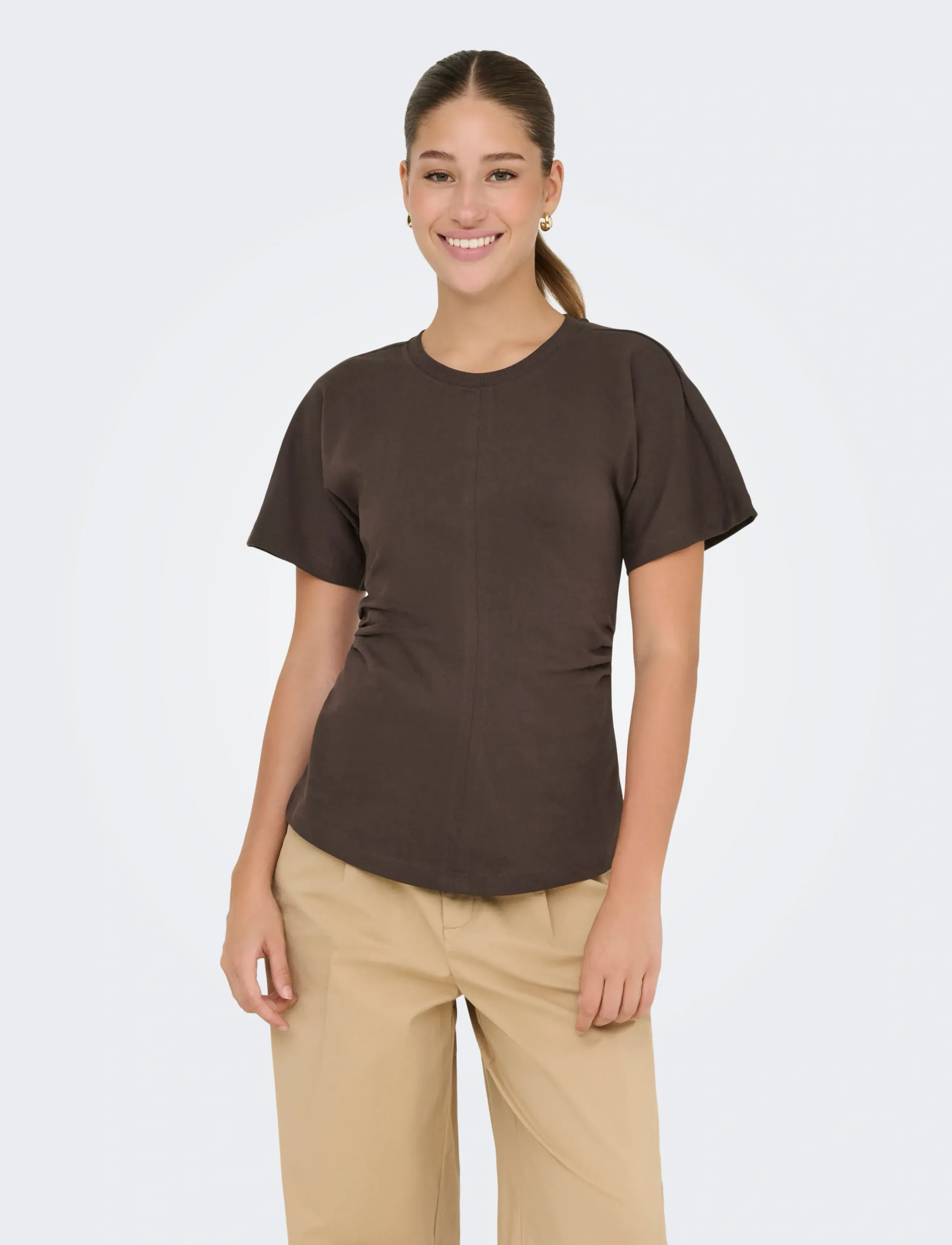 ONLY ONLMARIE S/S RUCHING TOP JRS NOOS - T-särgid ja alussärgid - SEAL BROWN / brown