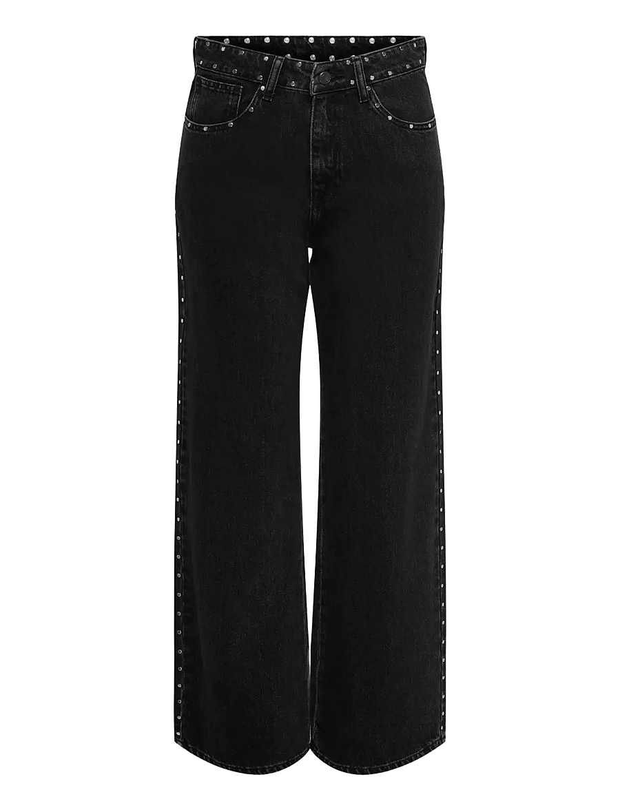 ONLY - ONLHOPE HW STUDDED WIDE DNM TAI - szerokie dżinsy - washed black - 0