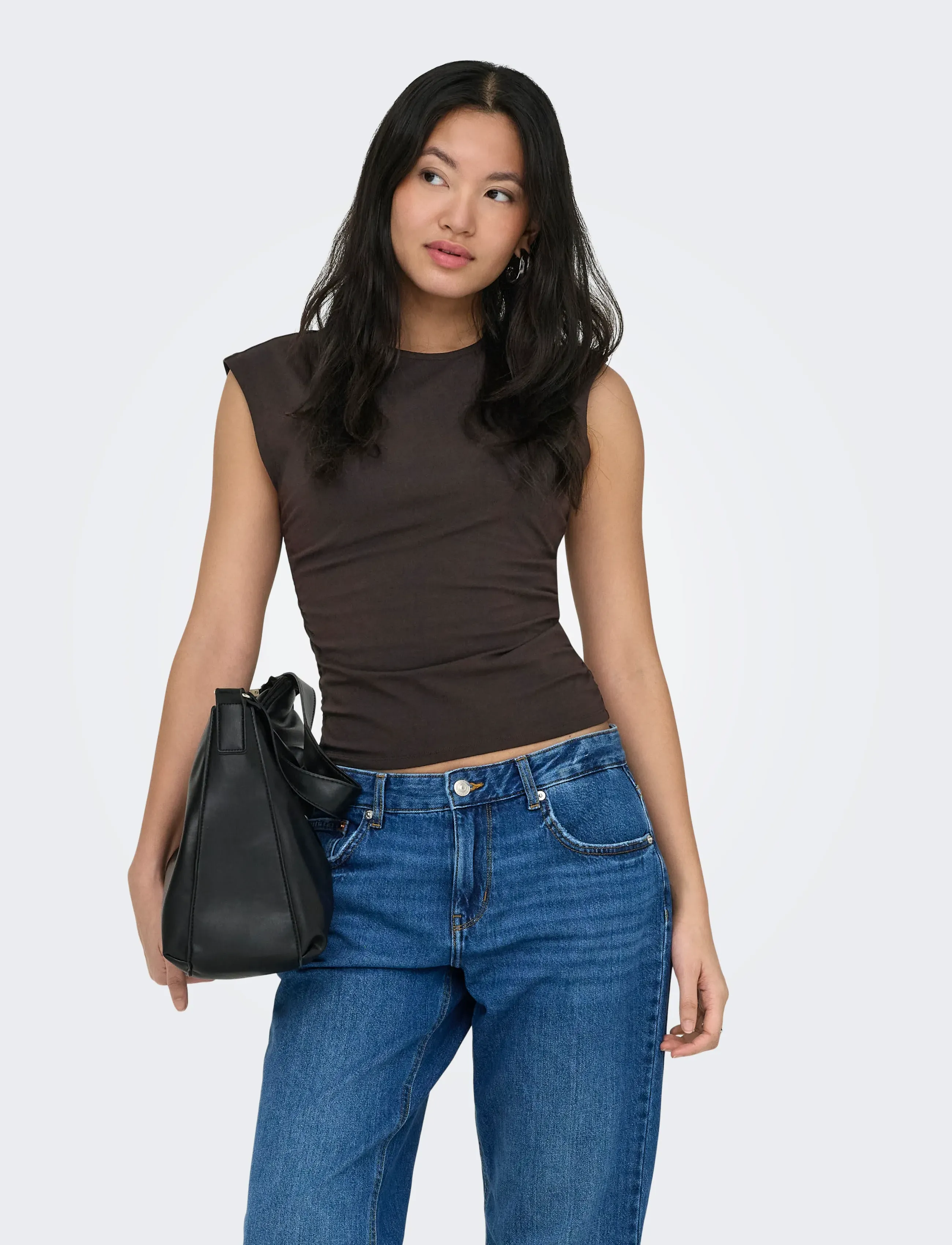 ONLY ONLMIRA CAPSL RUCHING TOP JRS NOOS - T-shirts & Toppar - BLACK COFFEE / brown