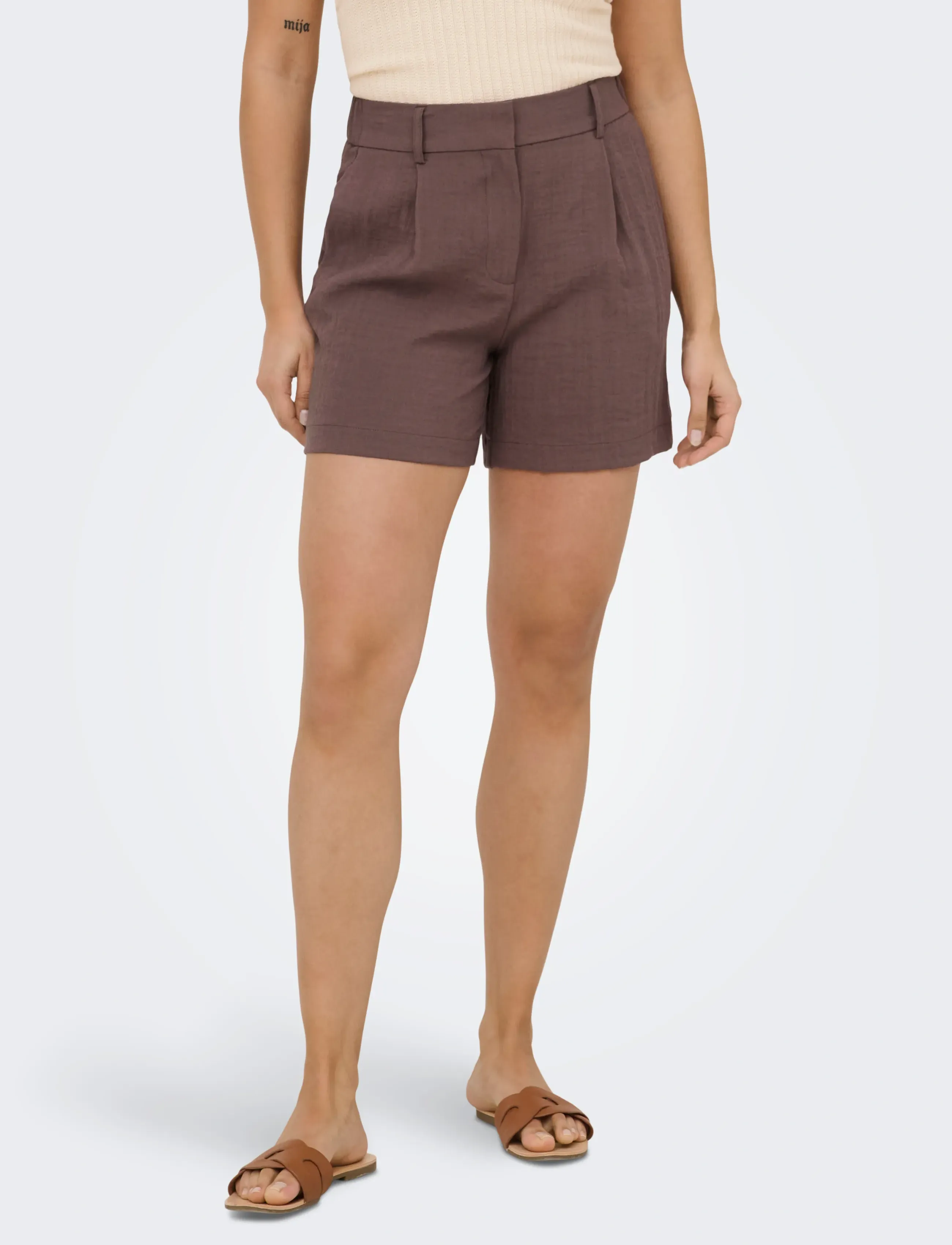 ONLY Onlita Hw Linen Look Shorts Tlr, Kvinder, Højtaljede Hør-look Shorts, Brun, Str: 38