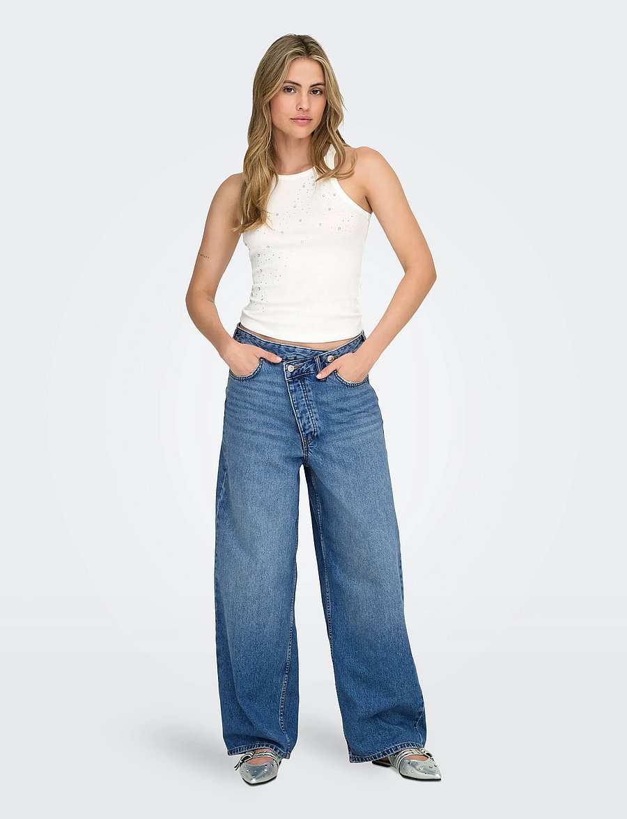 ONLY - ONLAMBER LW ASYM OVERSIZ BAGGY DNM TAI - pantalons larges - medium blue denim - 4