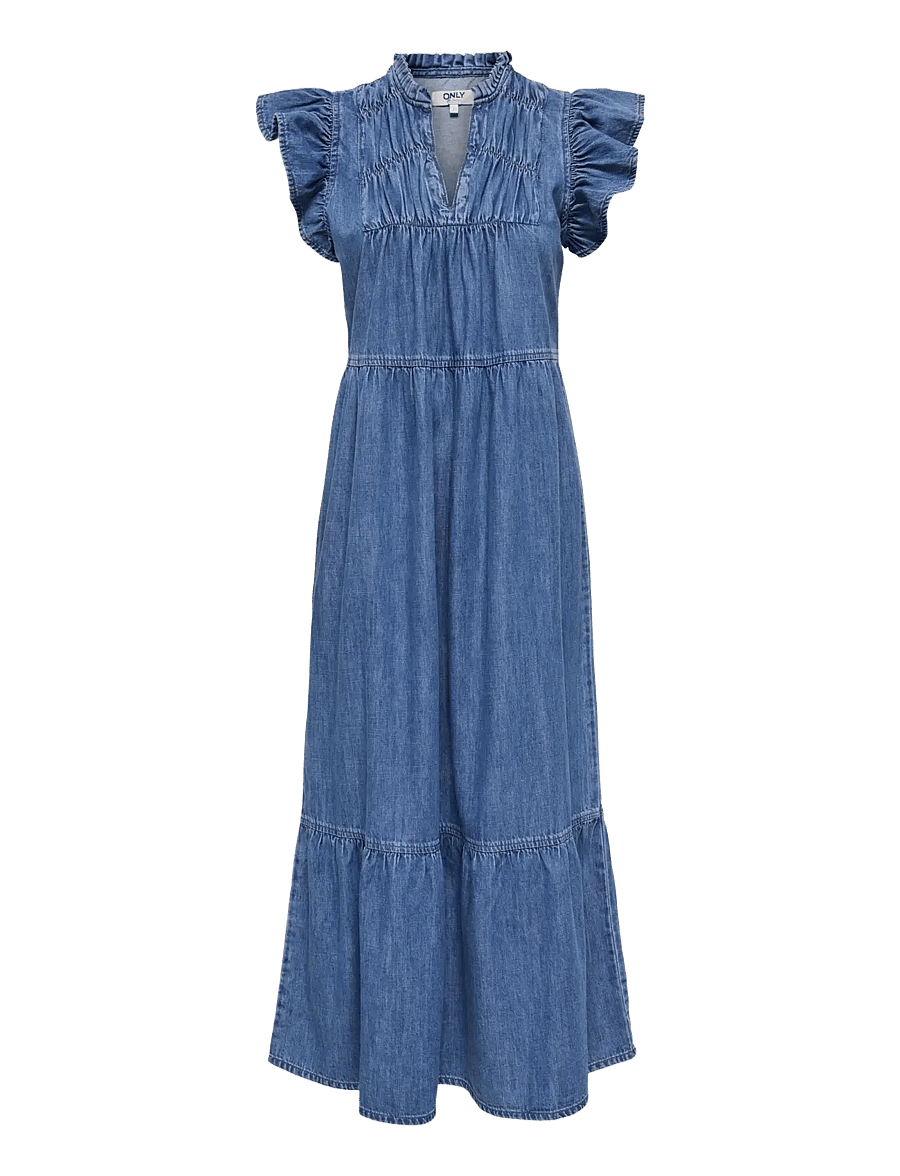 ONLY - ONLSHANIA S/L FRILL MIDI DNM DRESS AKM - teksakleidid - medium blue denim - 1