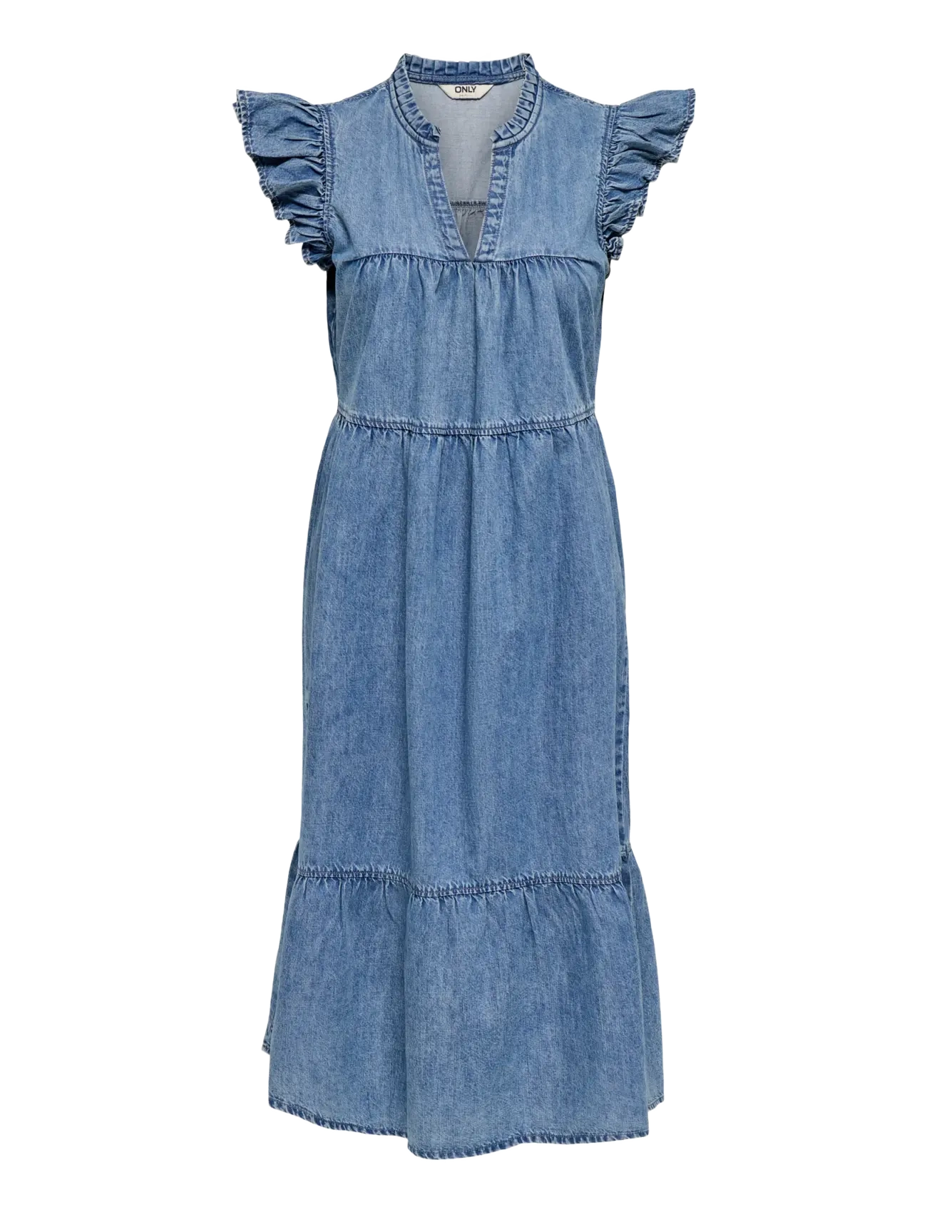 ONLY - ONLSHANIA S/L FRILL MIDI DNM DRESS AKM - jeansklänningar - medium blue denim - 1