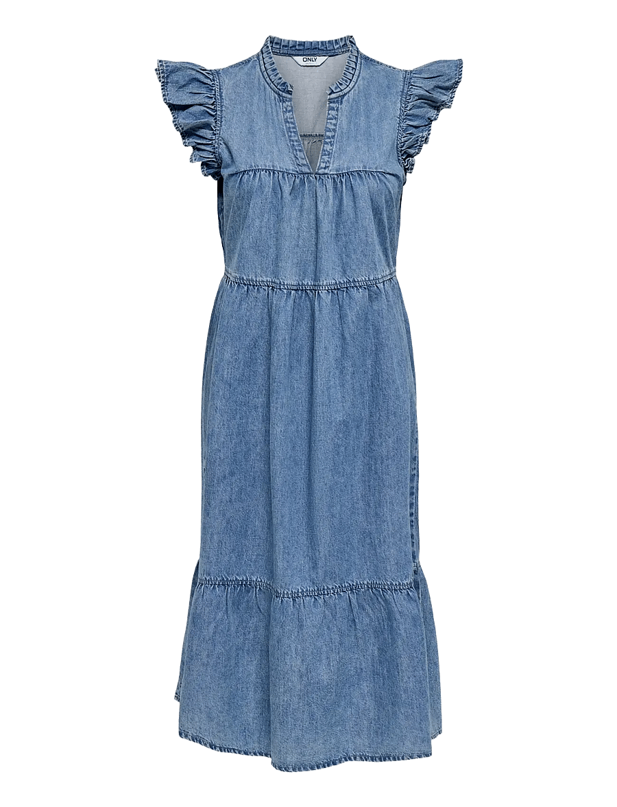 ONLY - ONLSHANIA S/L FRILL MIDI DNM DRESS AKM - jeansklänningar - medium blue denim - 1
