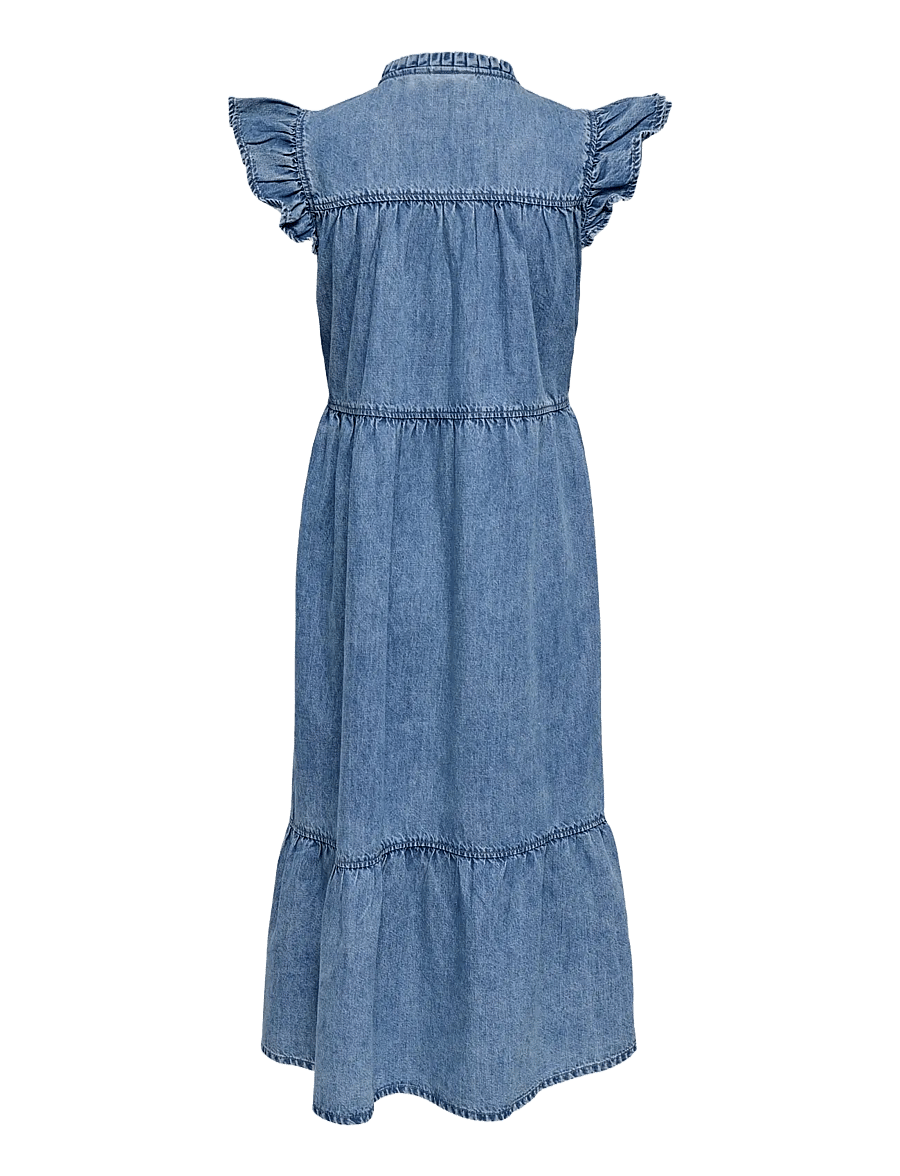 ONLY - ONLSHANIA S/L FRILL MIDI DNM DRESS AKM - jeansklänningar - medium blue denim - 2