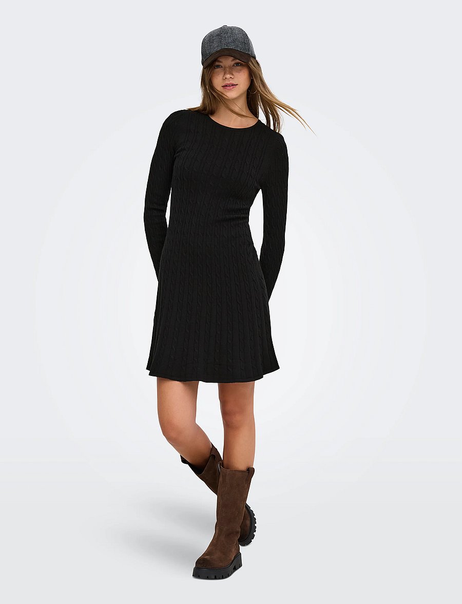 ONLY - ONLIBI LS O-NECK CABLE DRESS CC KNT - stickade klänningar - black - 4
