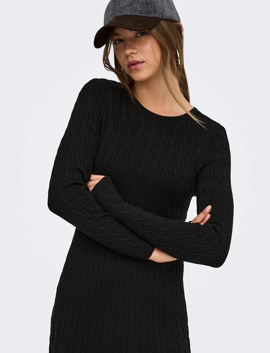 ONLY - ONLIBI LS O-NECK CABLE DRESS CC KNT - stickade klänningar - black - 5