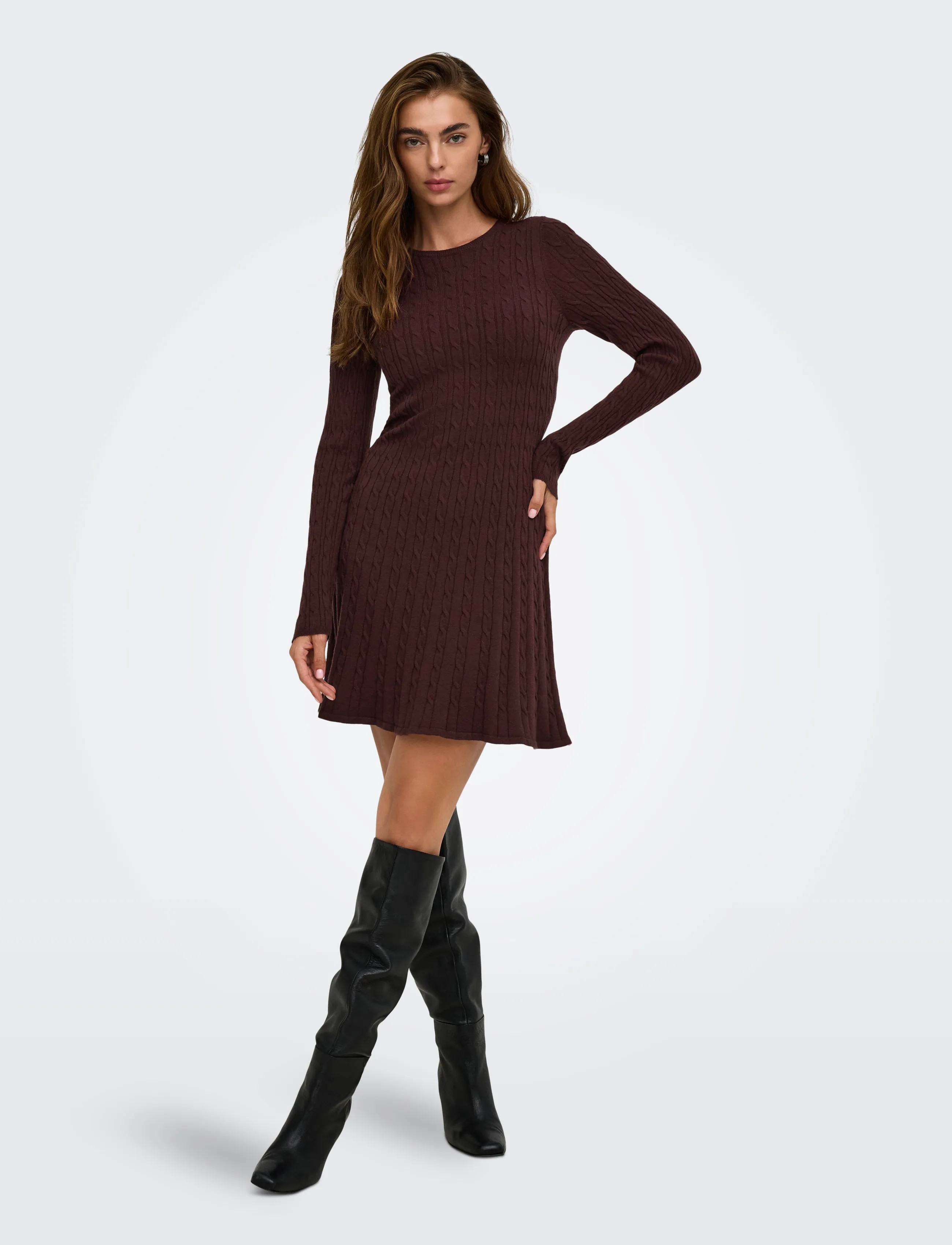 ONLY - ONLIBI LS O-NECK CABLE DRESS CC KNT - stickade klänningar - fudge - 4