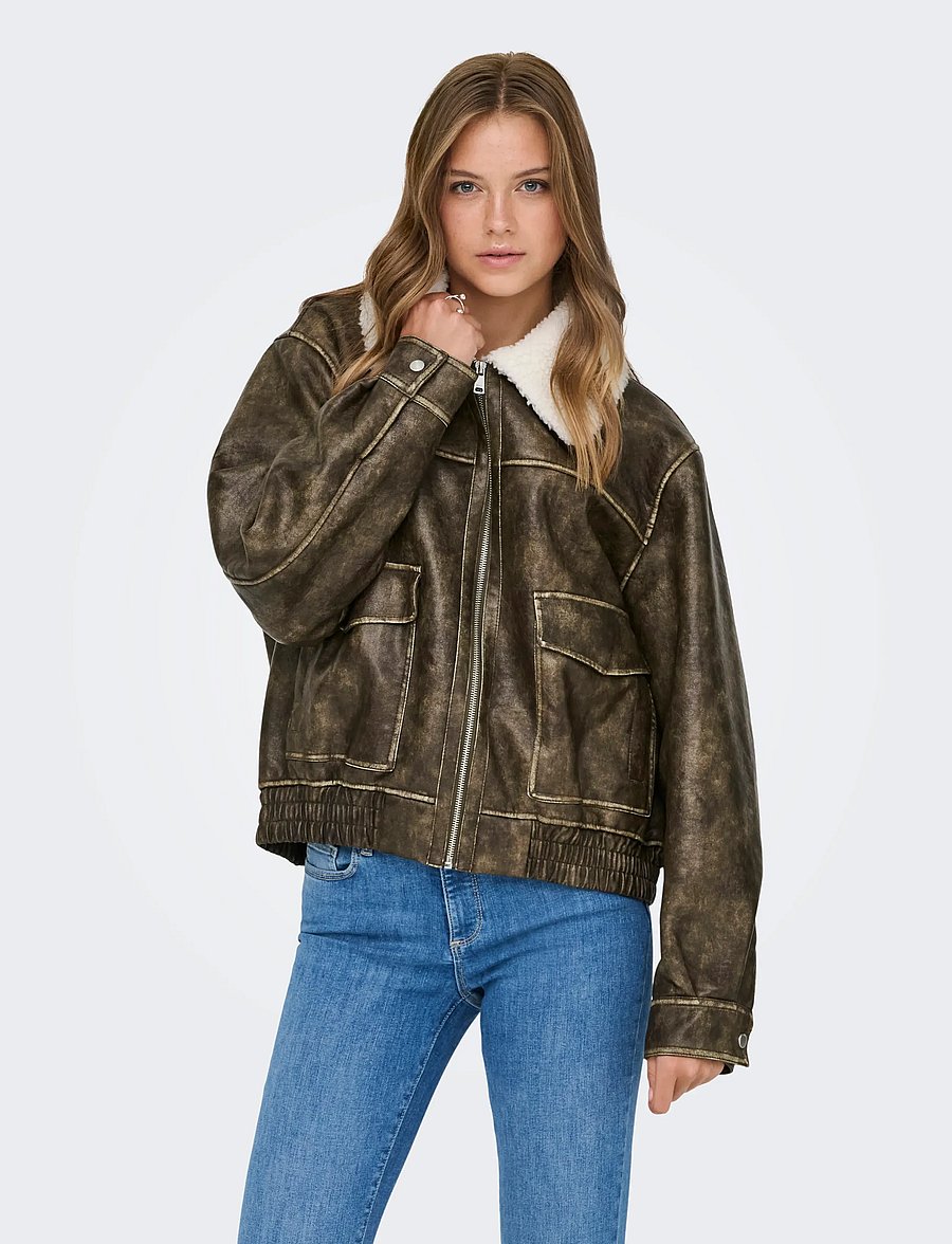 ONLY - ONLINGRID FAUX LEATHER WASHED BOMBER OTW - tunna jackor - chocolate martini - 0