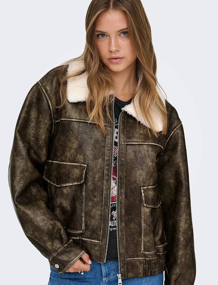 ONLY - ONLINGRID FAUX LEATHER WASHED BOMBER OTW - tunna jackor - chocolate martini - 5