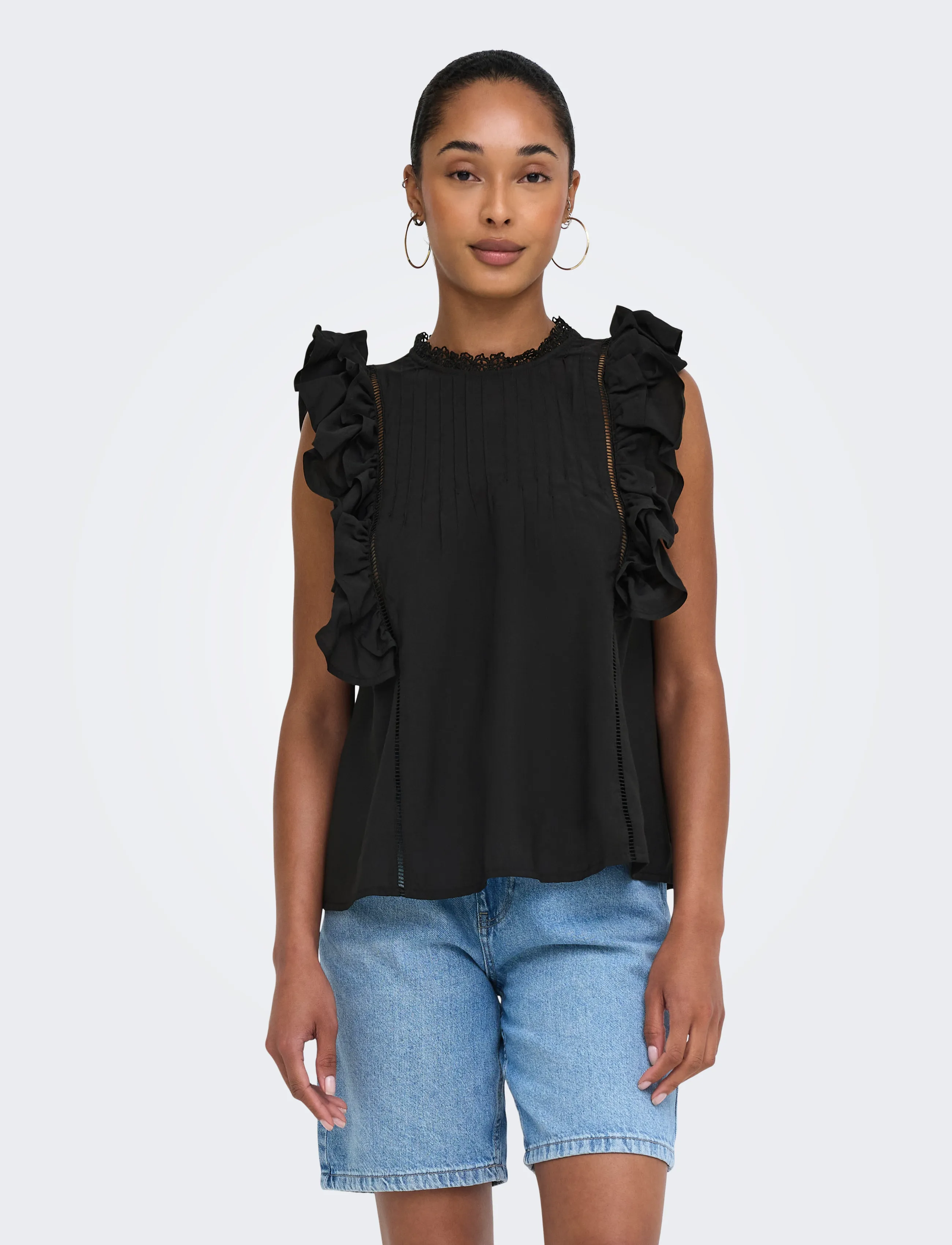 ONLY Onlluna Sl Frill Top Wvn, Kvinder, Flæsetop, Sort, Str: XS