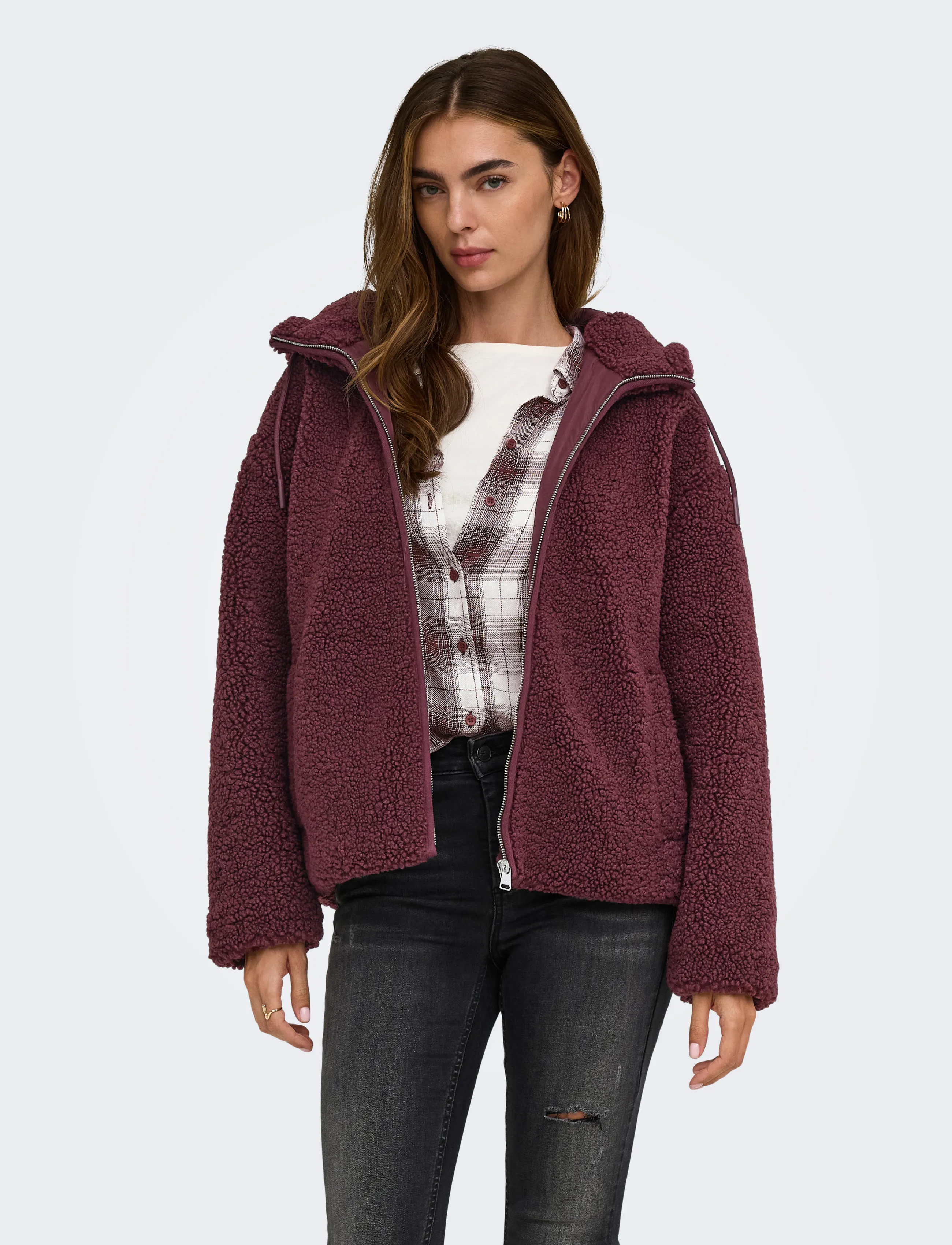 ONLY ONLASPEN HOOD TEDDY JACKET CC OTW - Clothing - DECADENT CHOCOLATE / burgundy
