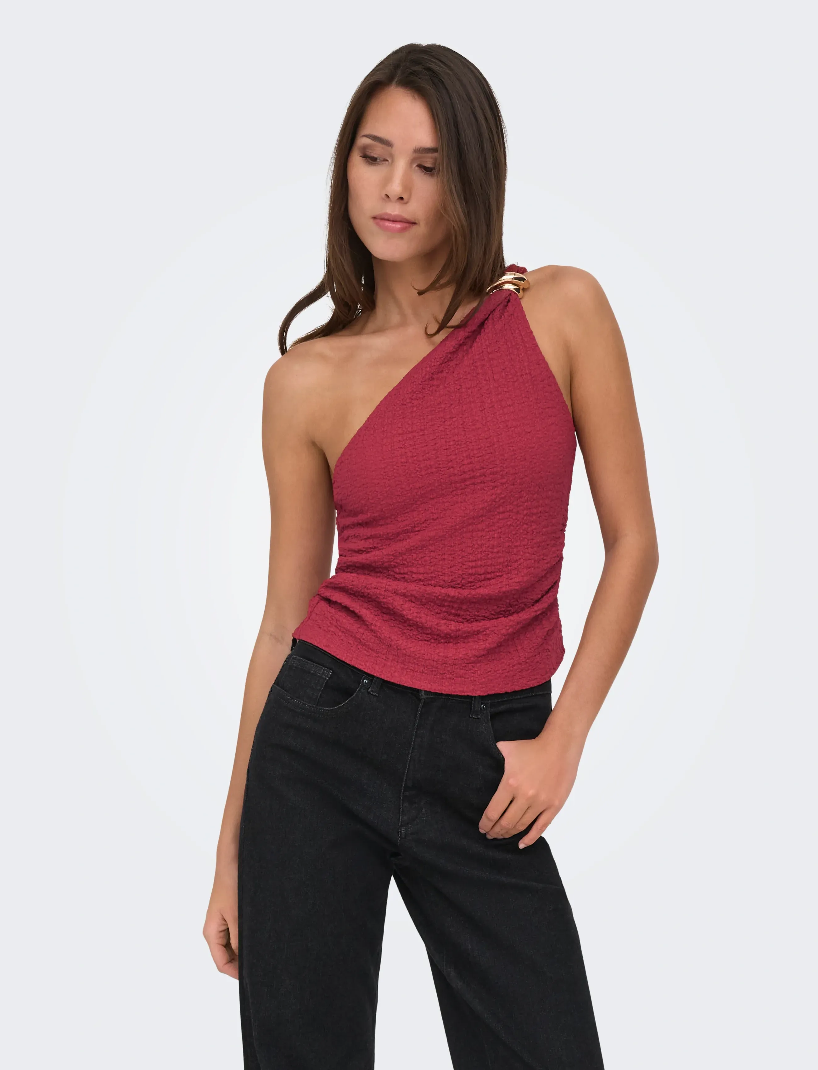 ONLY Onlerikka Assymetric Crinkle Top Pnt, Kvinder, Krøllet One Shoulder Top, Rød, Str: S