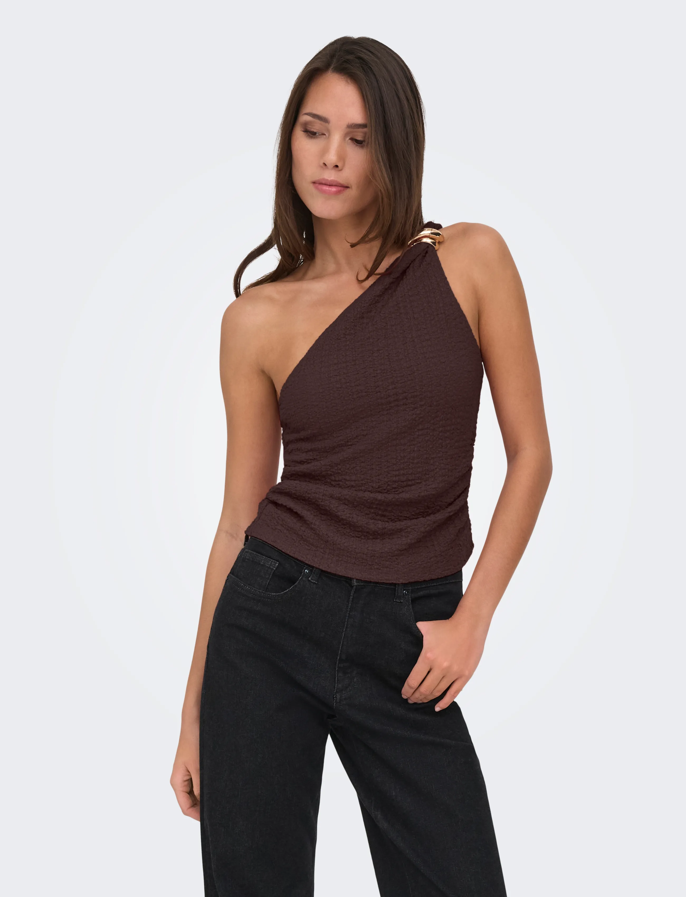 ONLY Onlerikka Assymetric Crinkle Top Pnt, Kvinder, Krøllet One Shoulder Top, Brun, Str: L