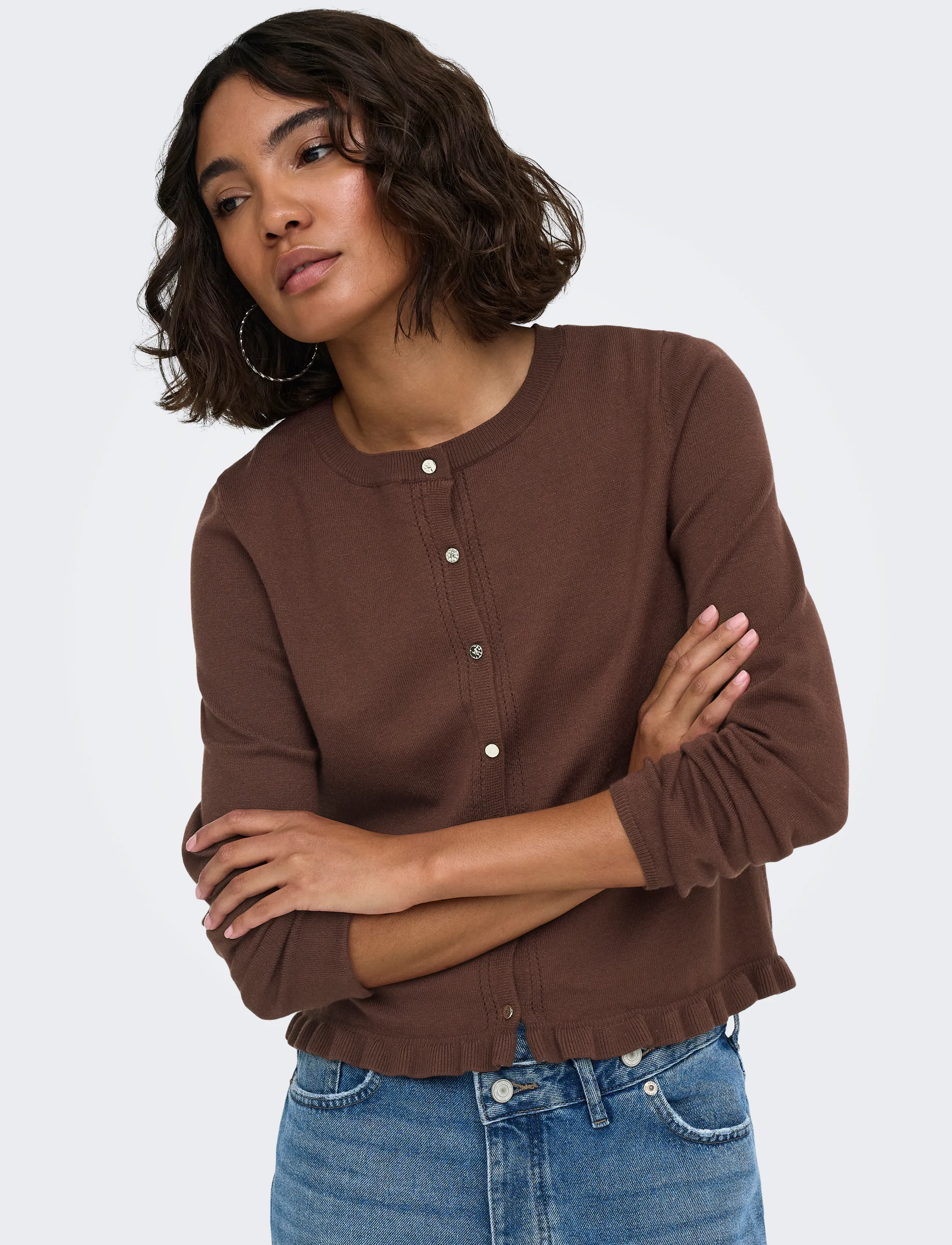 ONLY ONLCINDEREL LS O-NECK FRILL CARDI CC KNT - Geburtstag - COFFEE BEAN / brown