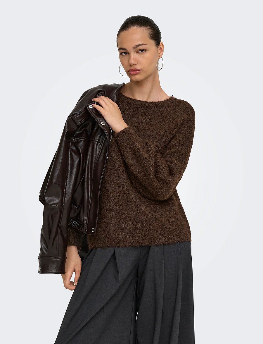 ONLY - ONLNELLIE LS O-NECK KNT NOOS - coffee bean - 0