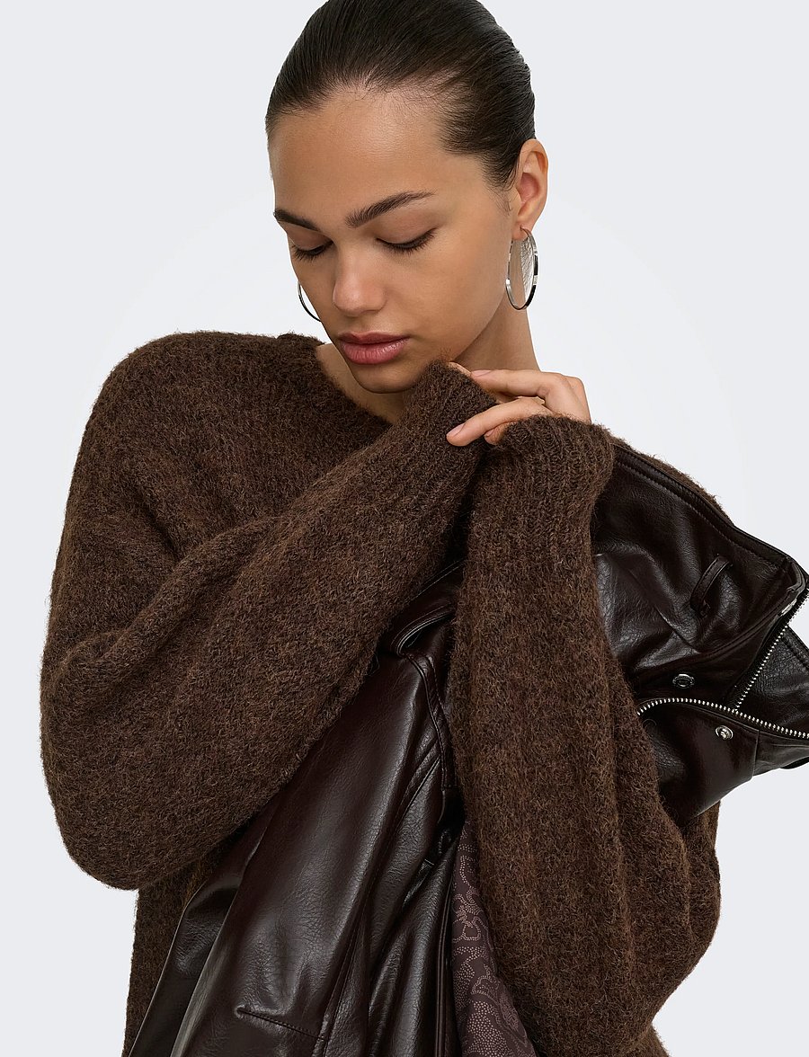 ONLY - ONLNELLIE LS O-NECK KNT NOOS - coffee bean - 5