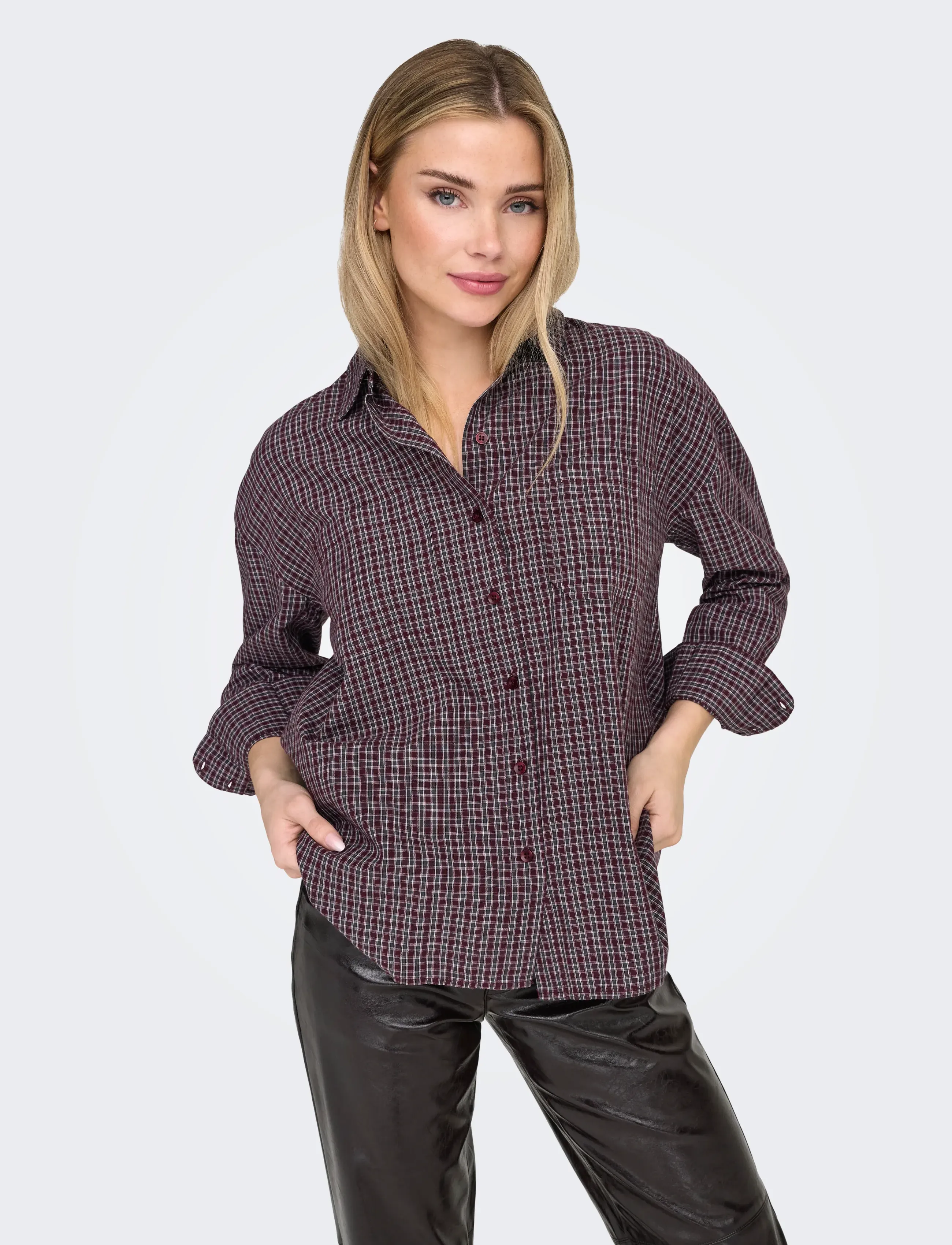 ONLY Onlfenna L/S Oversize Check Shirt Wvn, M, Burgundy, Skjorter > Langærmede, Dame