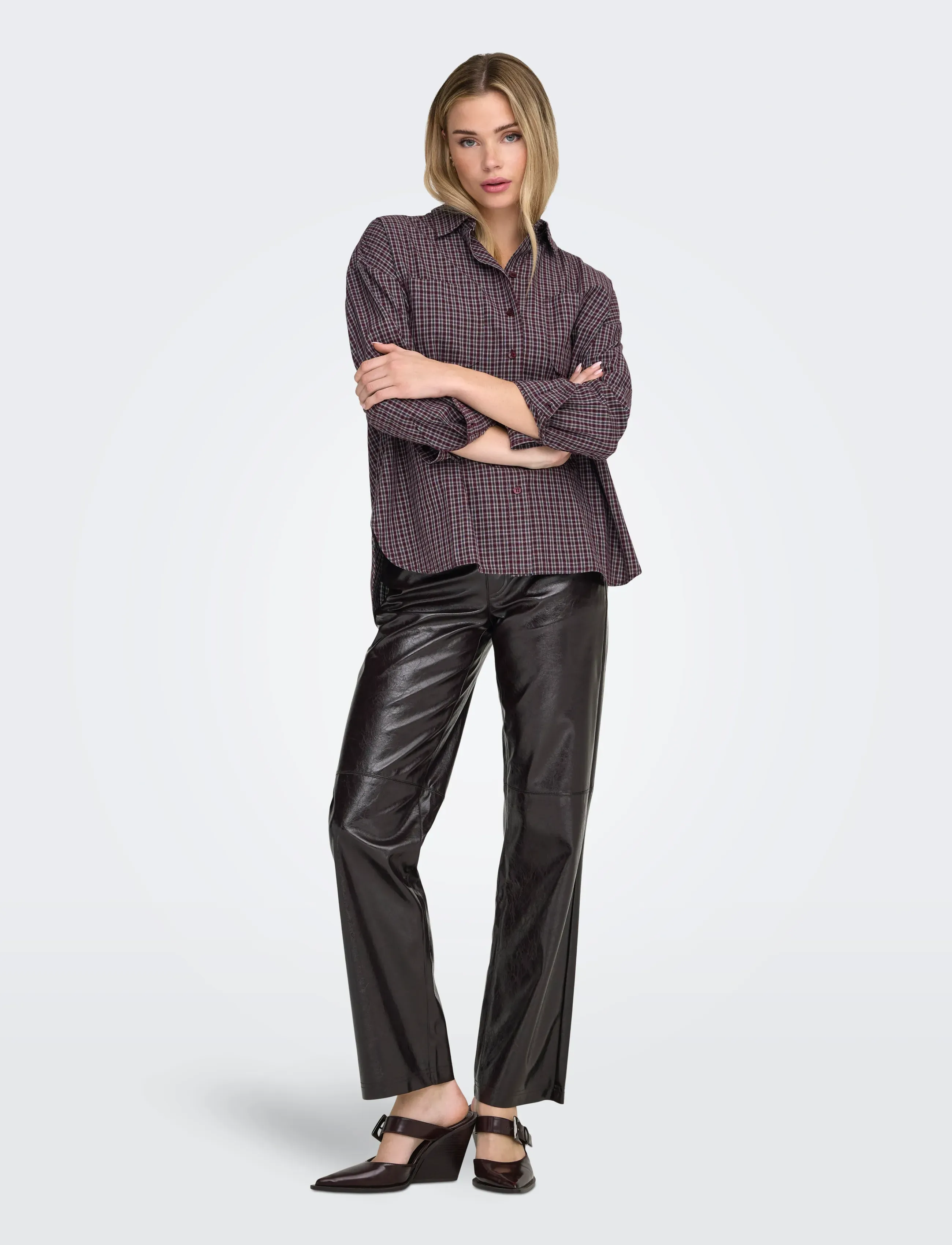 ONLY - ONLFENNA L/S OVERSIZE CHECK SHIRT WVN - koszule z długimi rękawami - winetasting - 4