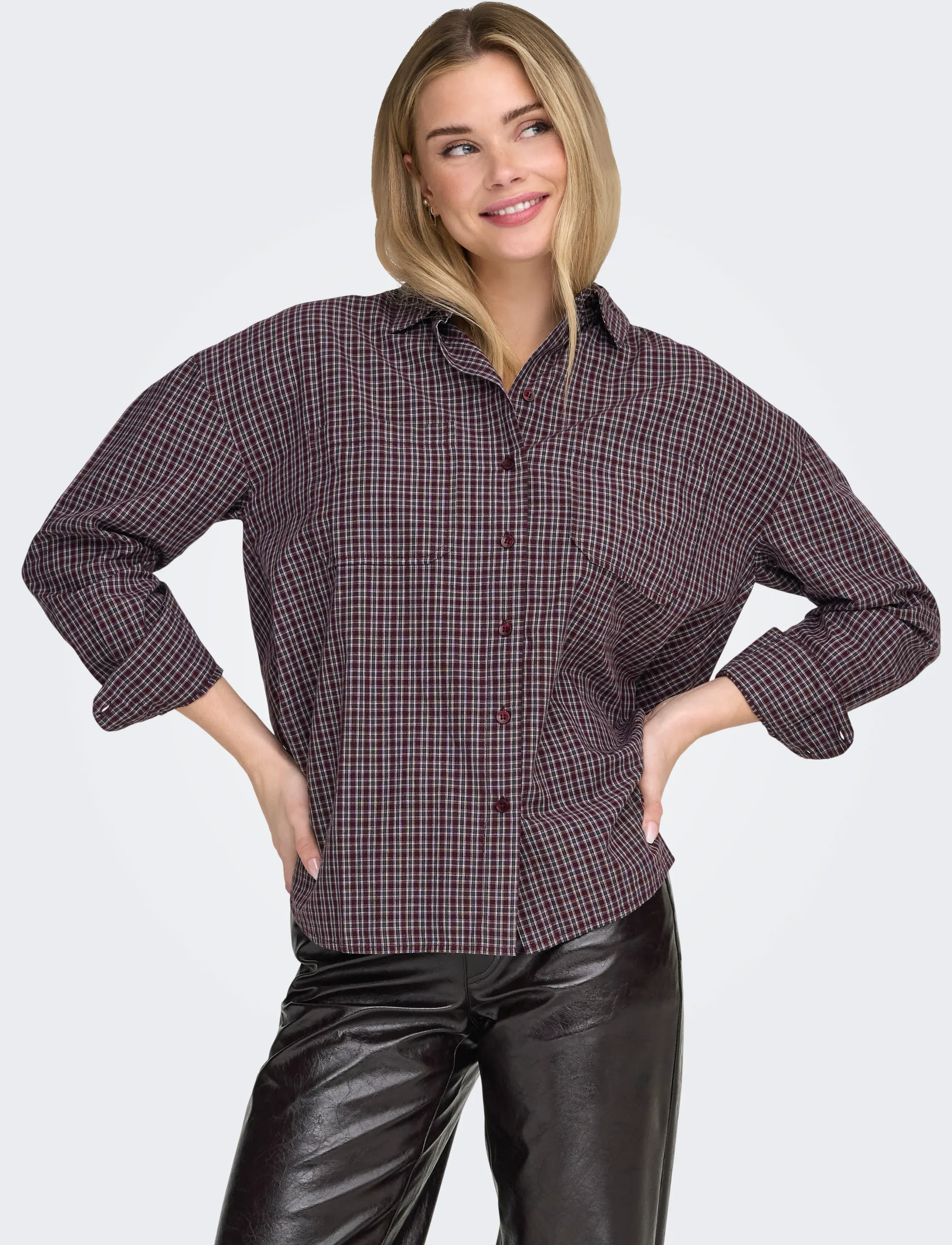 ONLY - ONLFENNA L/S OVERSIZE CHECK SHIRT WVN - koszule z długimi rękawami - winetasting - 5