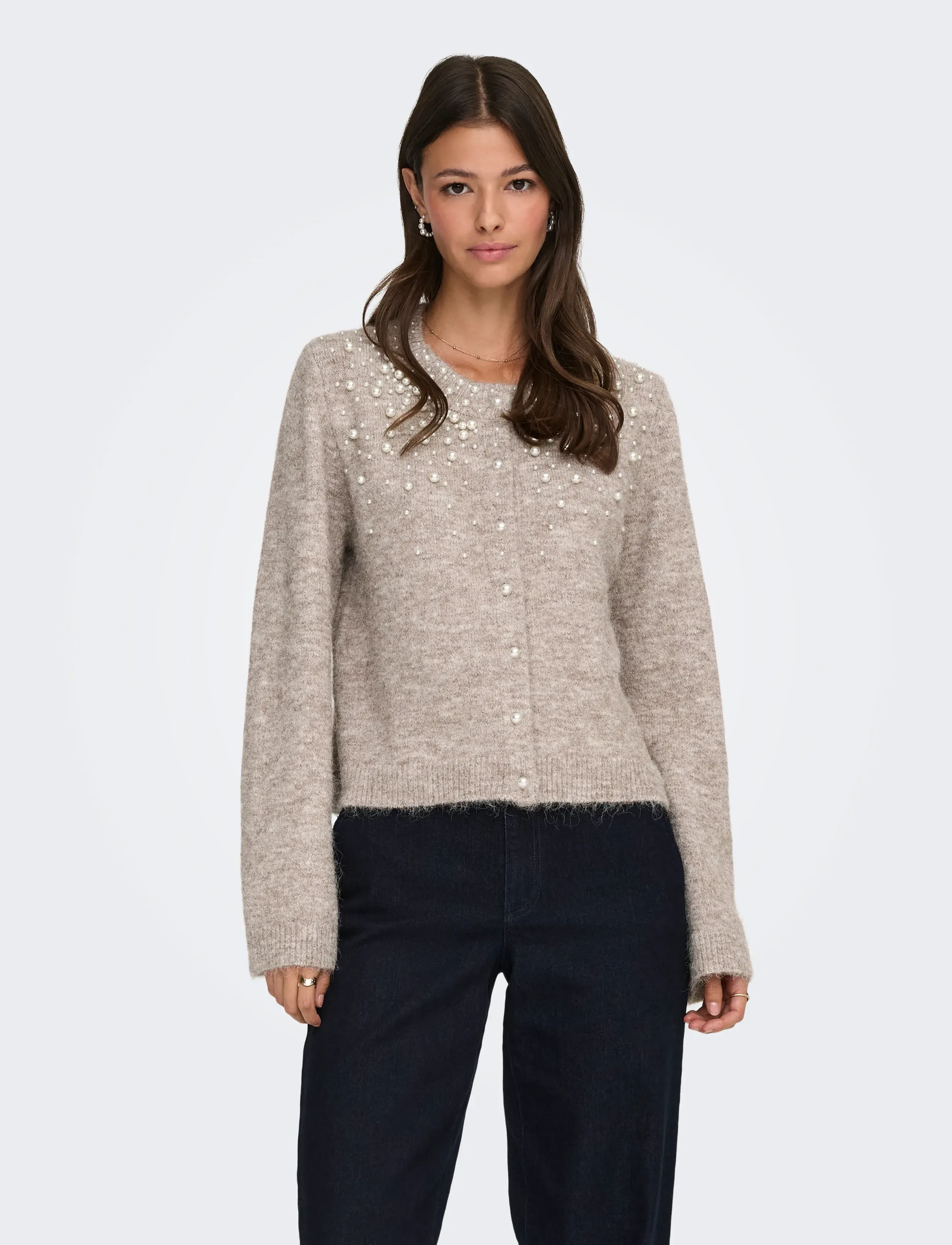 ONLY Onlmiggie Ls O-Neck Pearl Cardi Knt Noos, S, Knitwear, Beige - Cardigans, Frauen