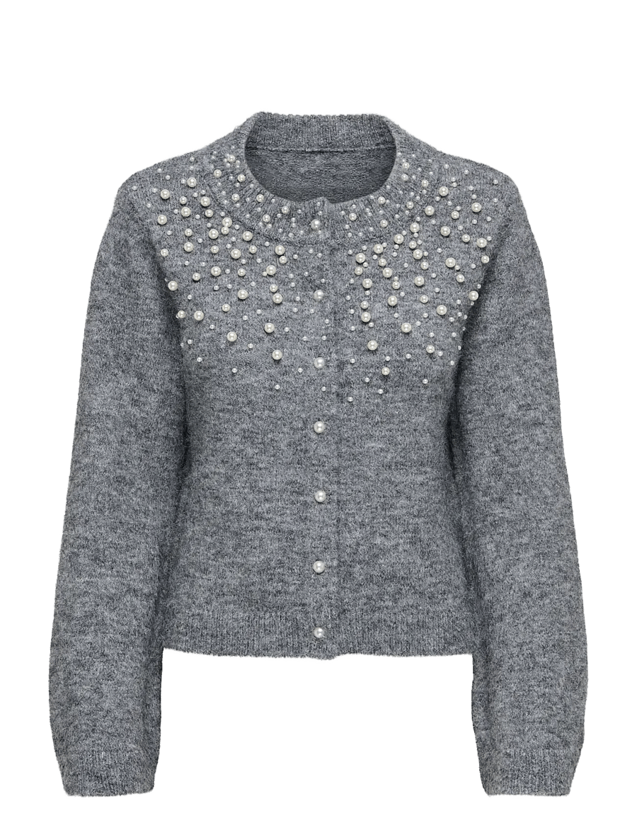 ONLY - ONLMIGGIE LS O-NECK PEARL CARDIGA EX KNT - cardigans - medium grey melange - 1