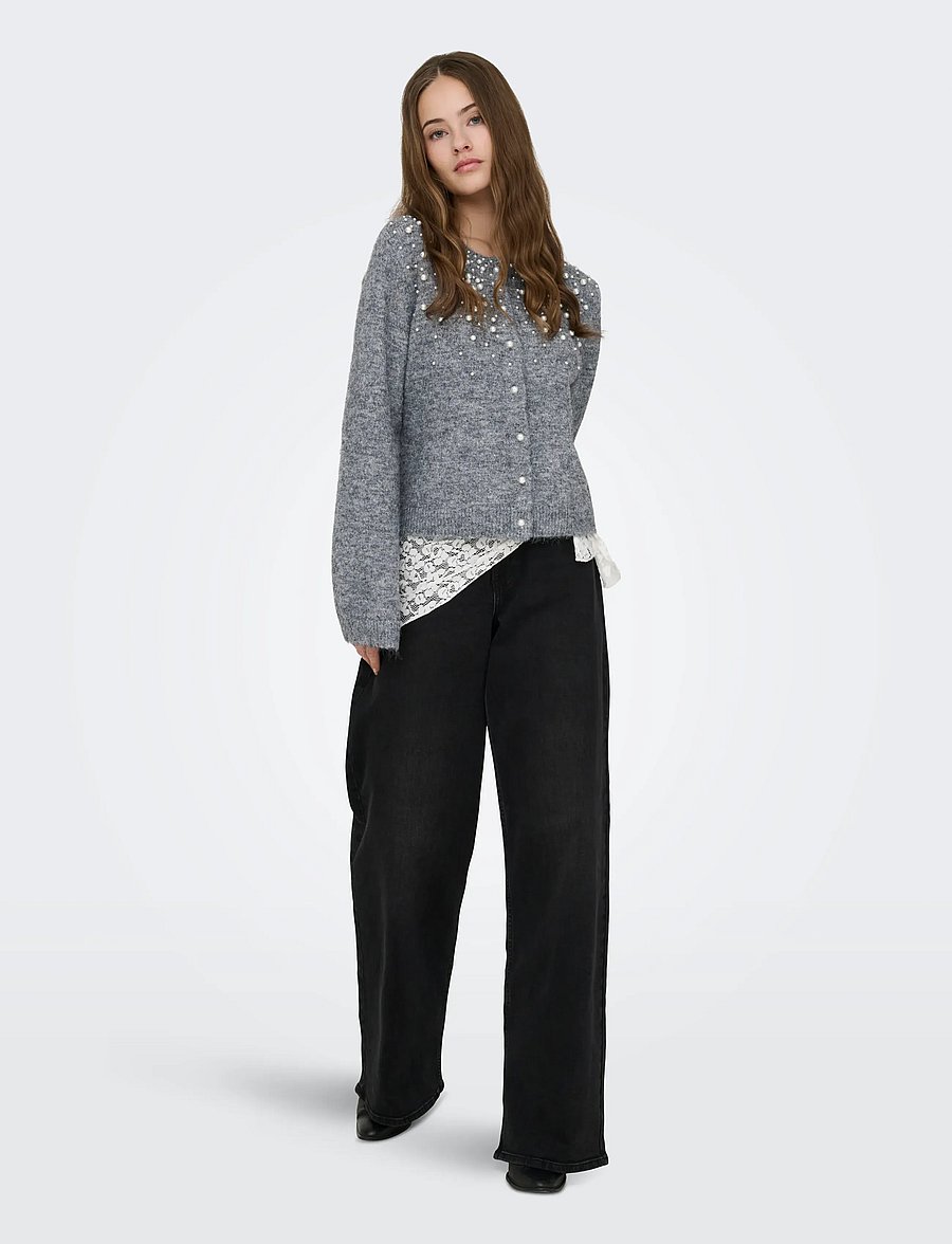 ONLY - ONLMIGGIE LS O-NECK PEARL CARDIGA EX KNT - cardigans - medium grey melange - 4