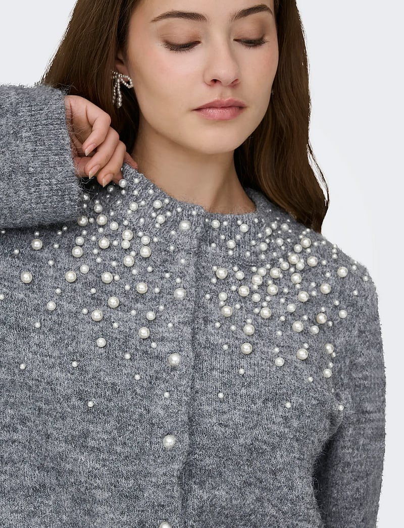 ONLY - ONLMIGGIE LS O-NECK PEARL CARDIGA EX KNT - cardigans - medium grey melange - 5