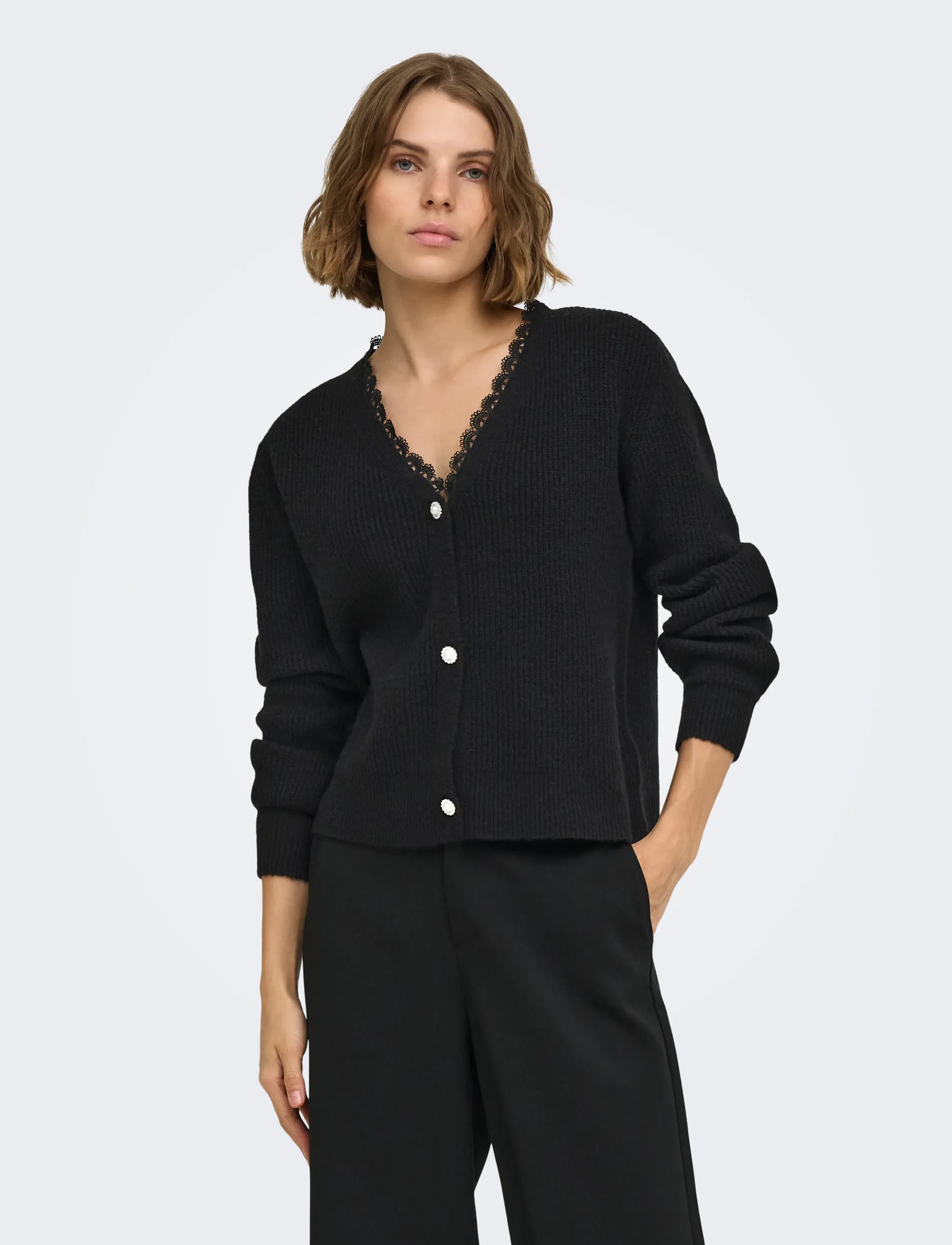 ONLY - ONLSIA LS V-NECK WOVEN CARDI CS KNT - black - 0