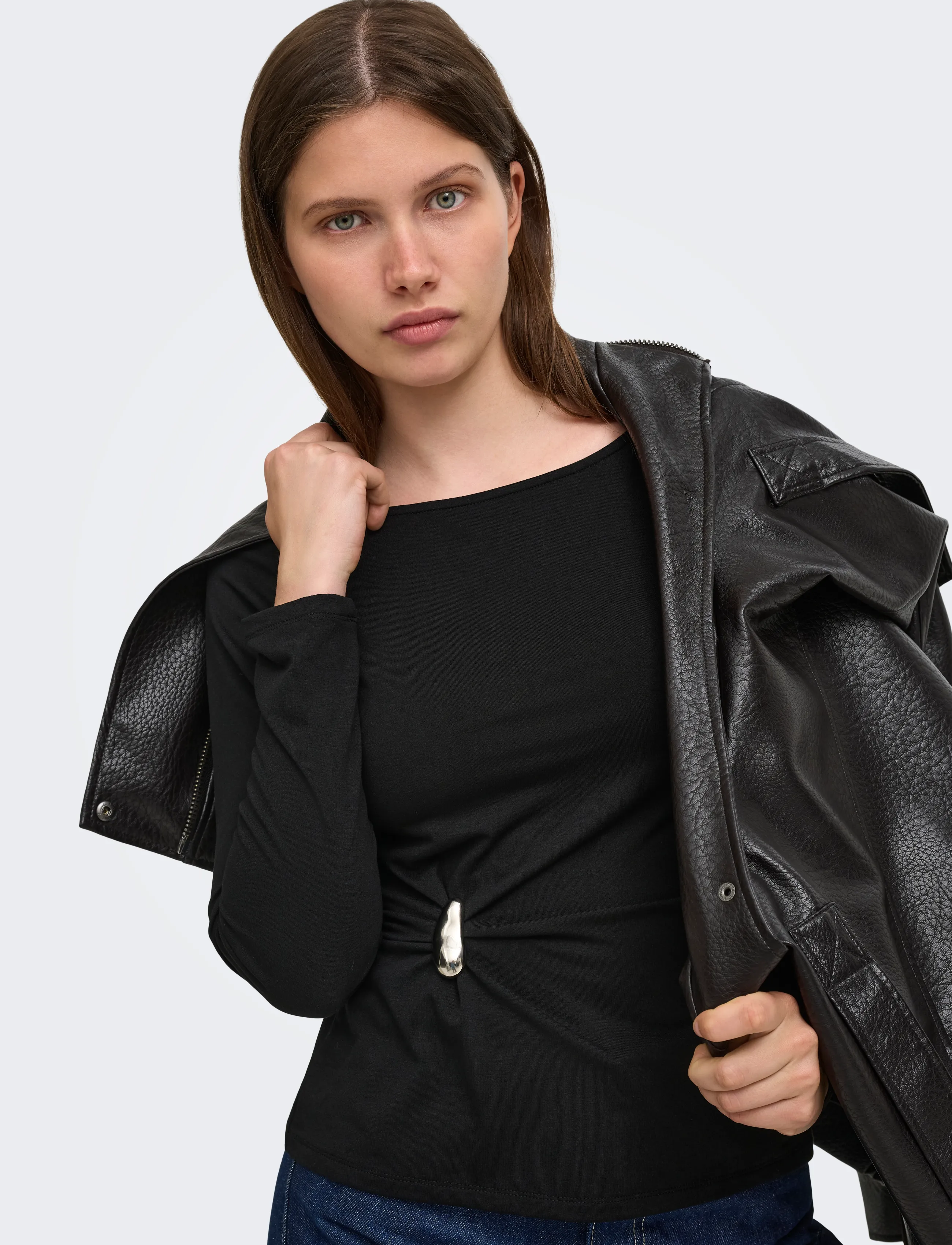 ONLY ONLELENA L/S BOATNECK METAL TOP JRS NOOS - Fødselsdag - BLACK / black