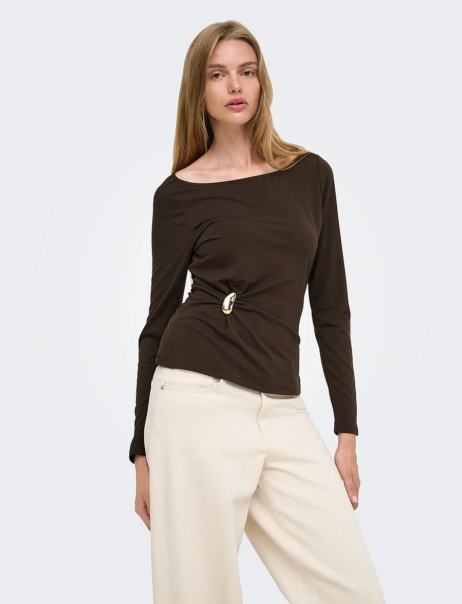 ONLY - ONLELENA L/S BOATNECK METAL TOP JRS NOOS - coffee bean - 0