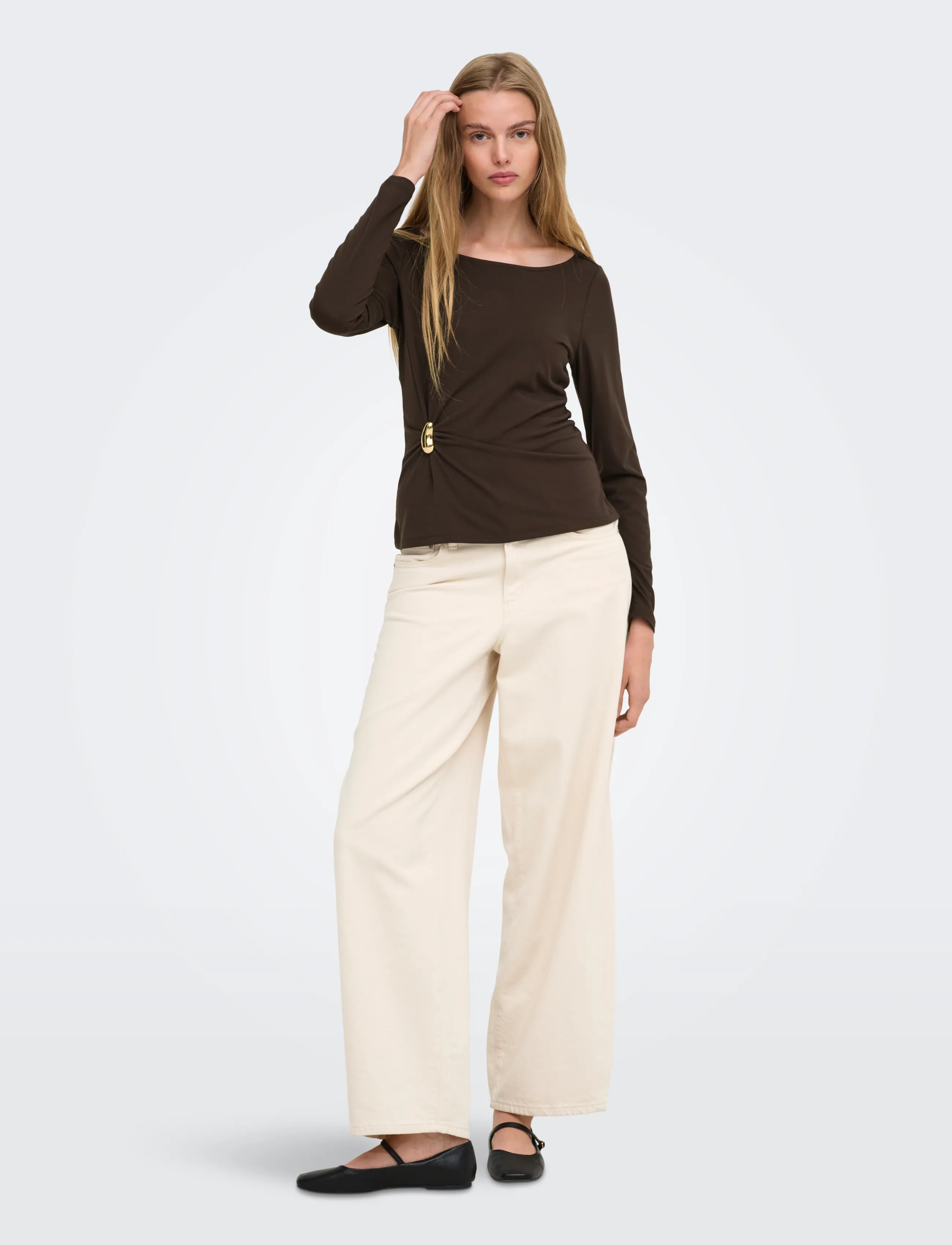 ONLY - ONLELENA L/S BOATNECK METAL TOP JRS NOOS - coffee bean - 4