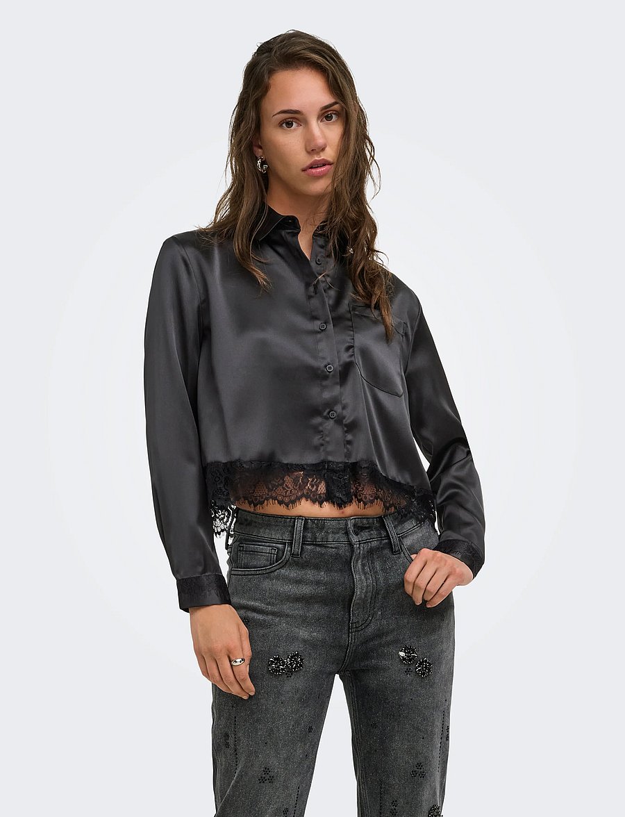 ONLY - ONLINDONA L/S SATIN LACE SHIRT WVN - langärmlige hemden - black - 0